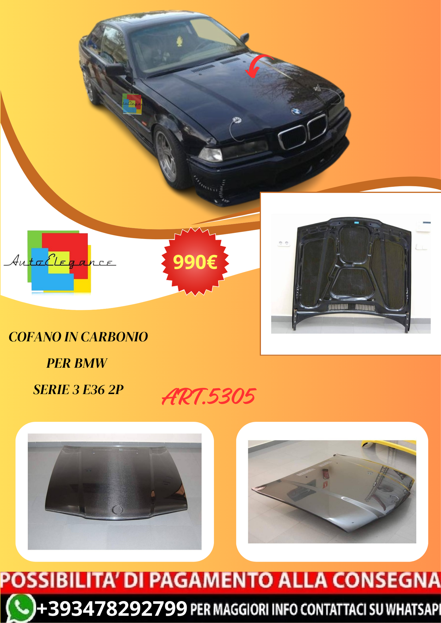 💫ART.5305 Cofano In Carbonio per BMW Serie 3 E36 2P💫
