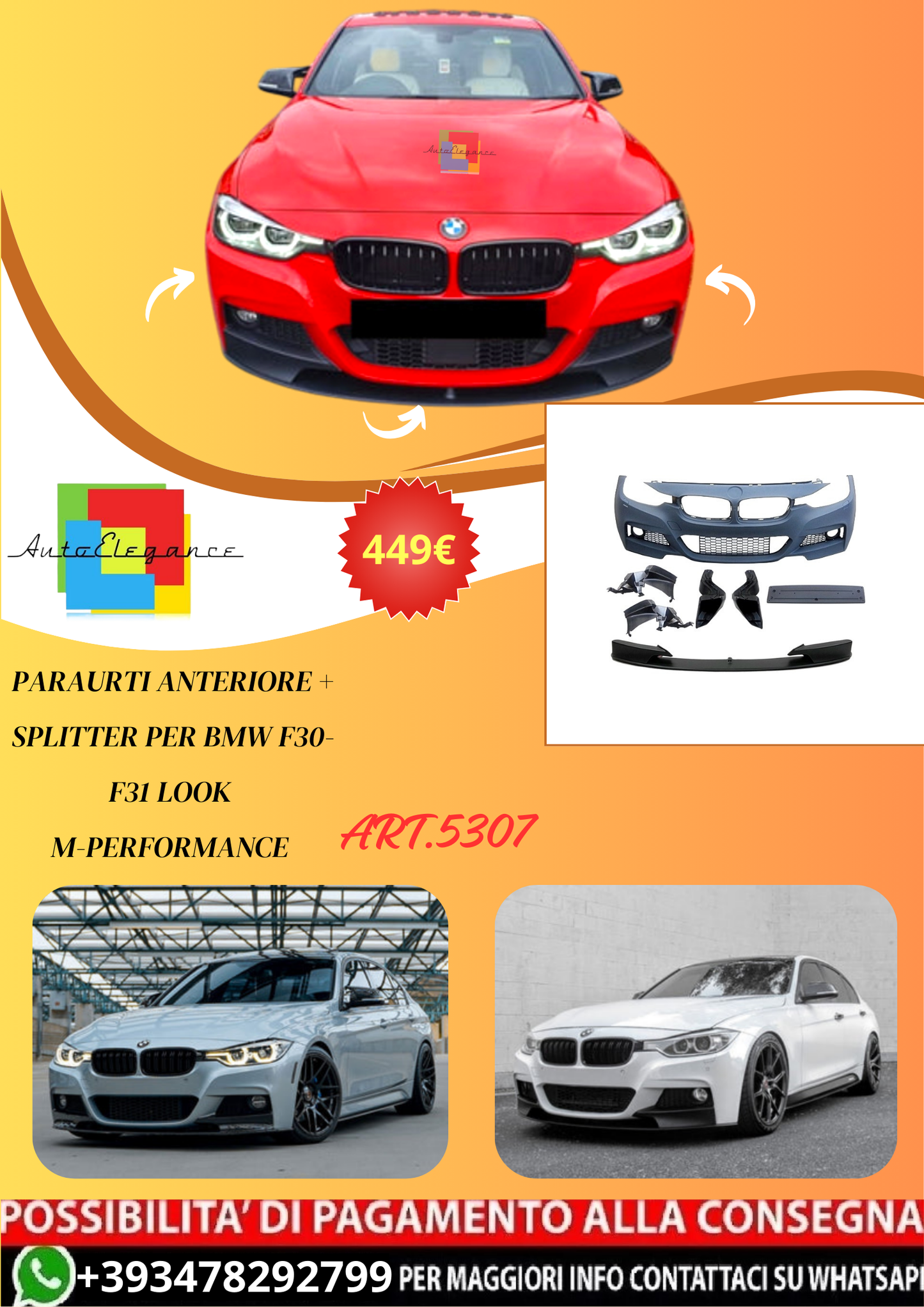 💫ART.5307 Paraurti Anteriore + Splitter per BMW F30-F31 Look M-Performance💫