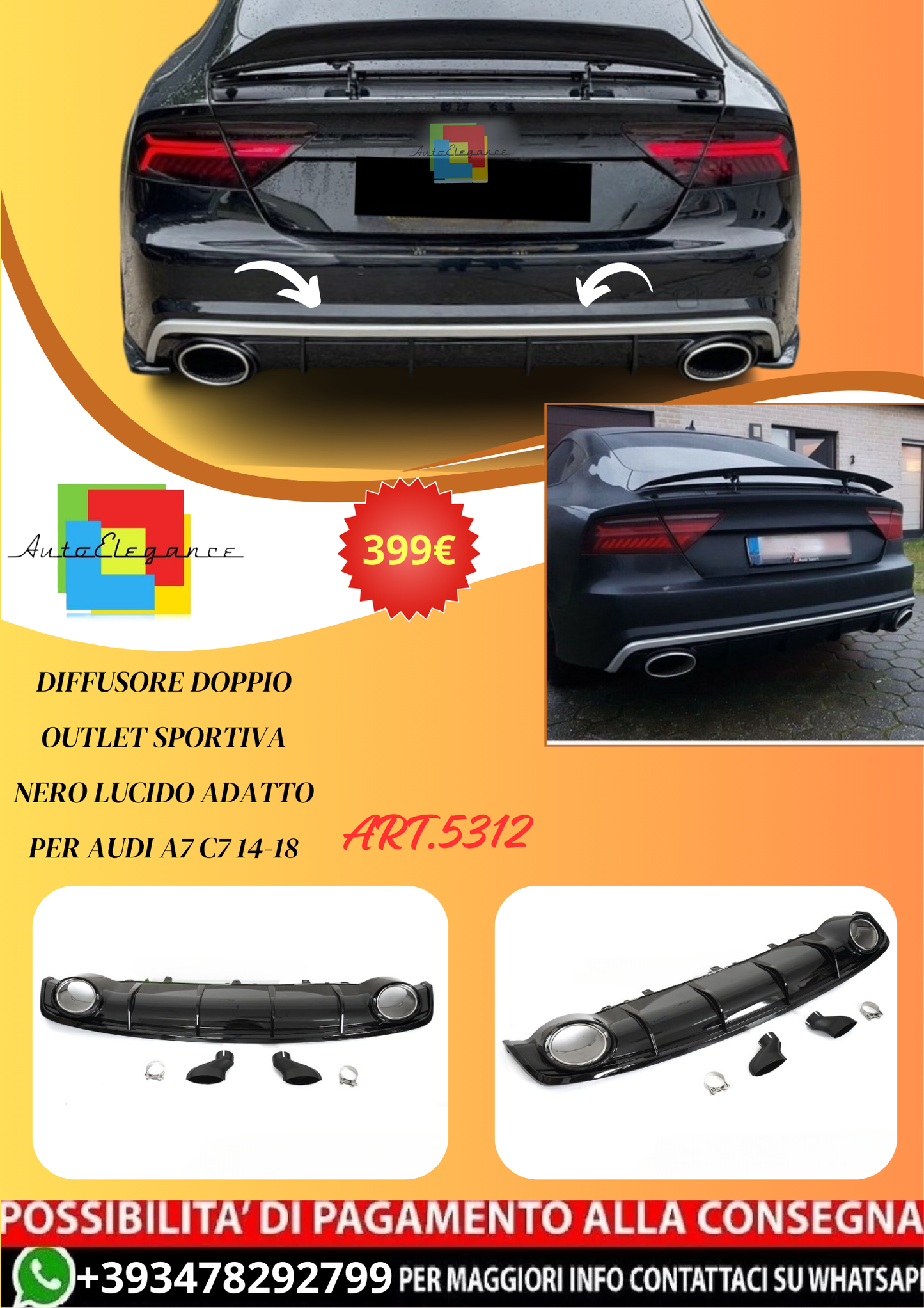 💫ART.5312 DIFFUSORE DOPPIO OUTLET SPORTIVA adatto per AUDI A7 C7 14-18💫