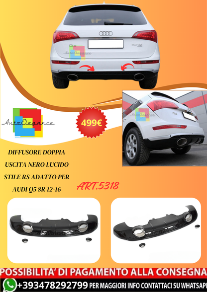 💫ART.5318 DIFFUSORE Doppia Uscita Nero Lucido Stile RS per AUDI Q5 8R 12-16💫