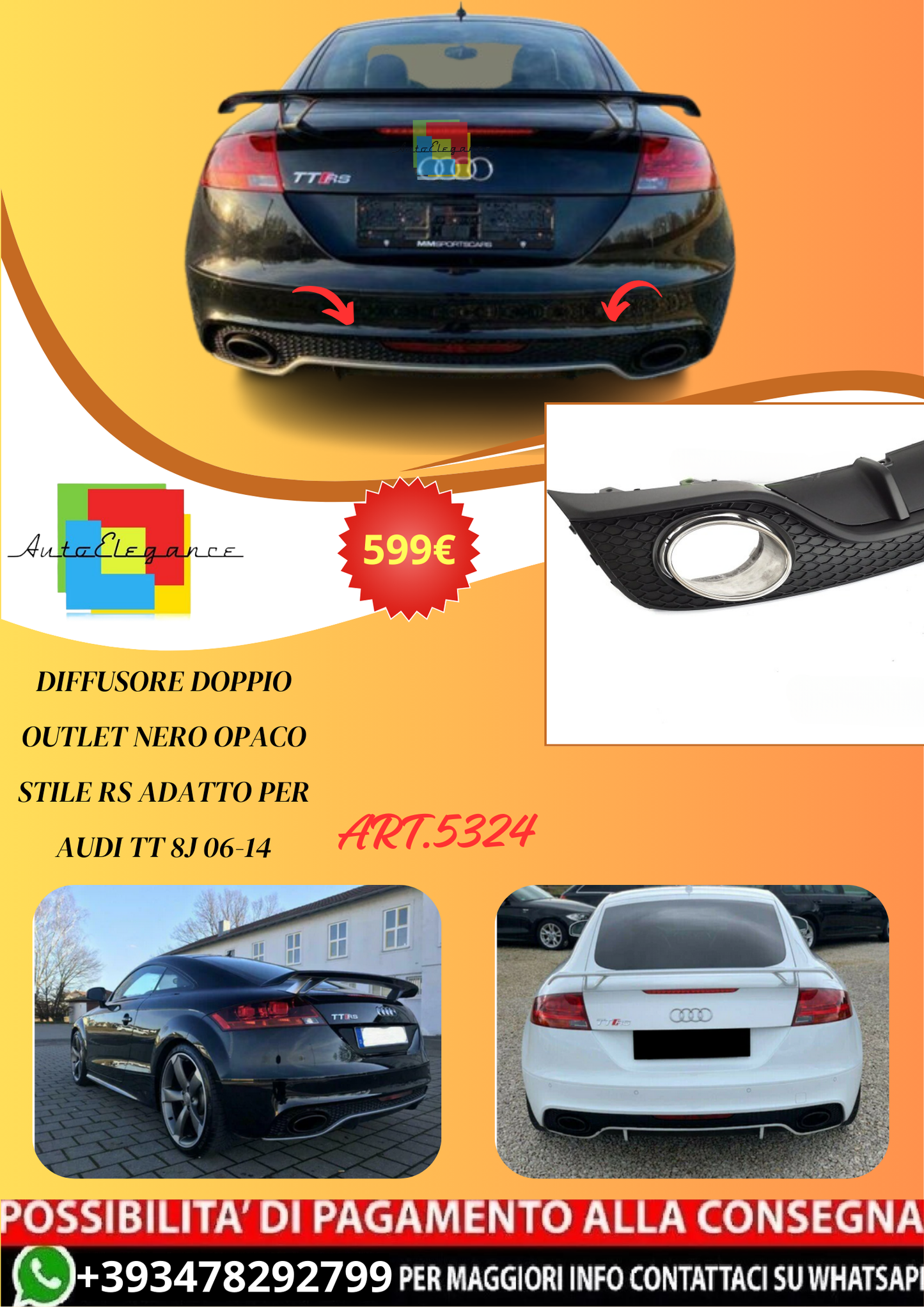 💫ART.5324 DIFFUSORE DOPPIO OUTLET NERO OPACO STILE RS per AUDI TT 8J 06-14💫