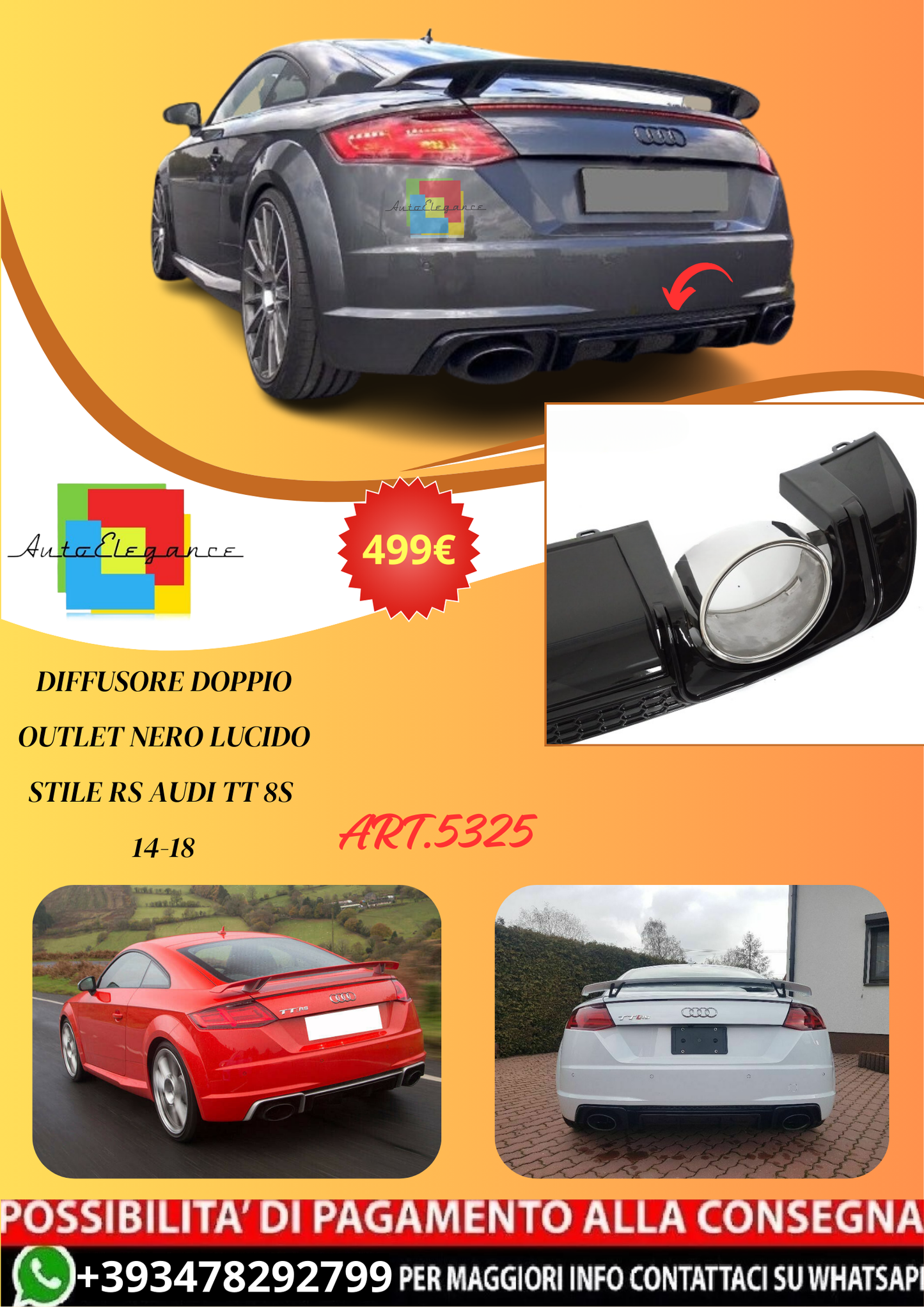 💫ART.5325 DIFFUSORE DOPPIO OUTLET NERO LUCIDO STILE RS AUDI TT 8S 14-18💫 STANDARD