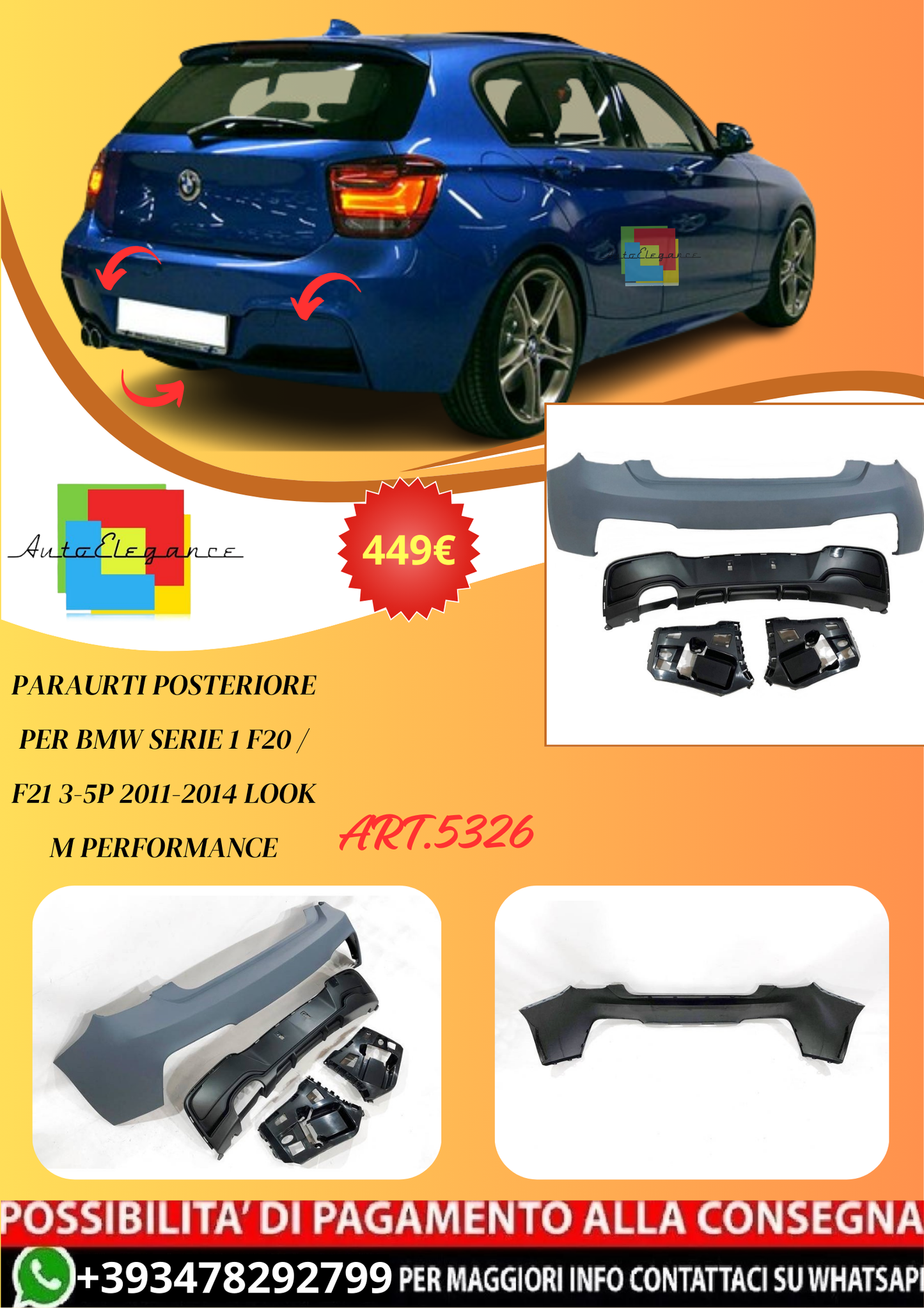 💫ART.5326 Paraurti Posteriore BMW Serie 1 F20 / F21 11-14 Look M Performance💫