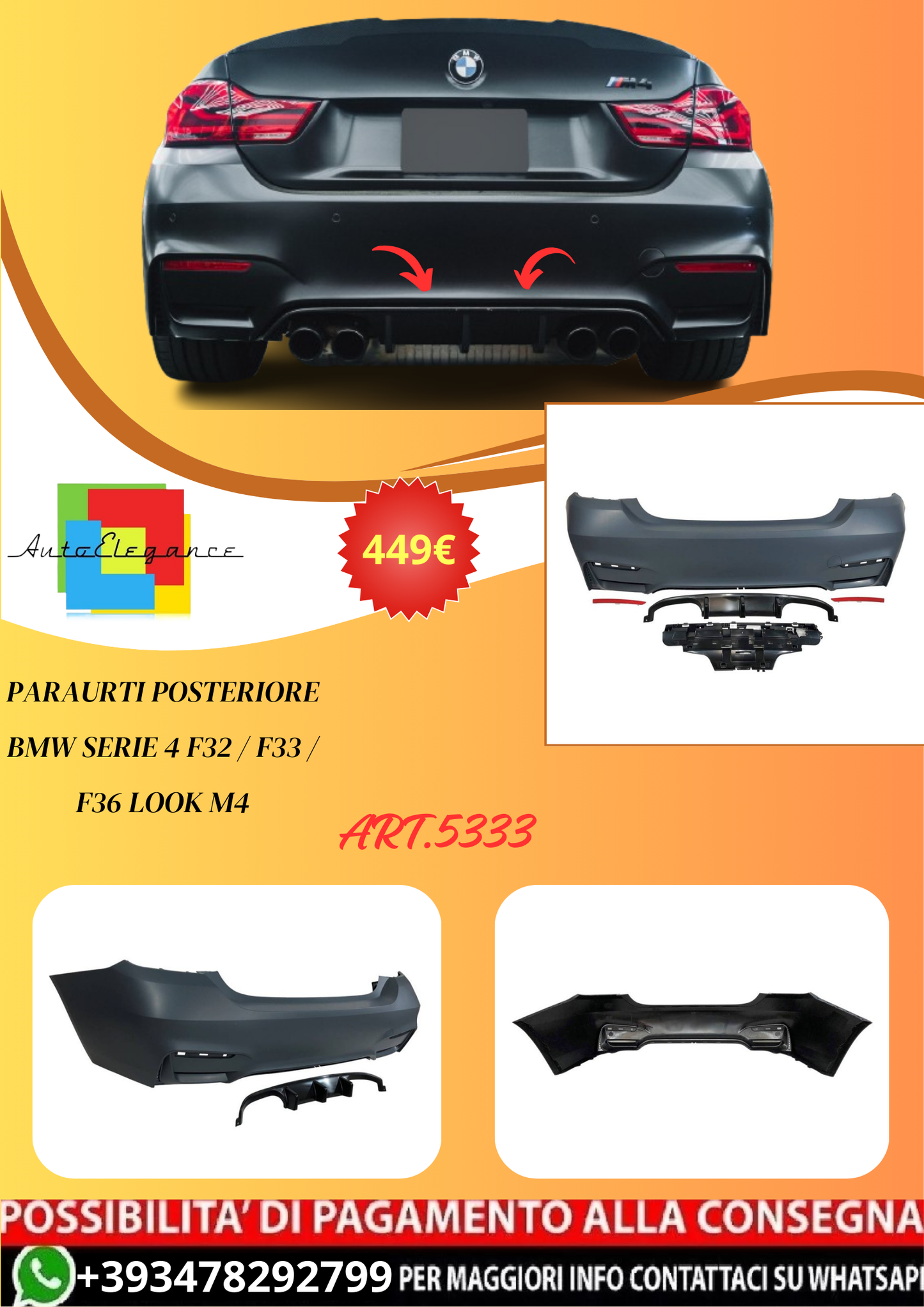 💫ART.5333 Paraurti Posteriore BMW Serie 4 F32 / F33 / F36 Look M4💫