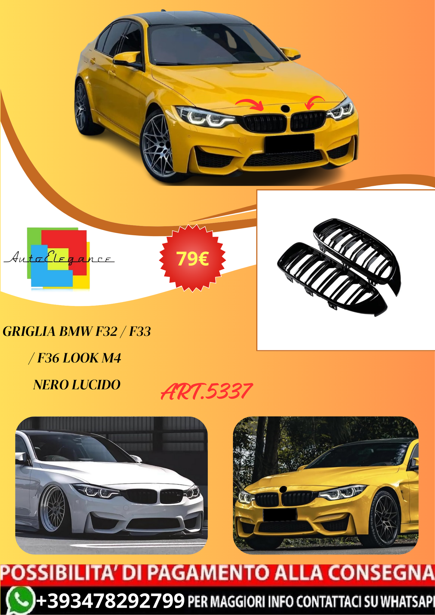 💫ART.5337 Griglia BMW F32 / F33 / F36 Look M4 Nero Lucido💫