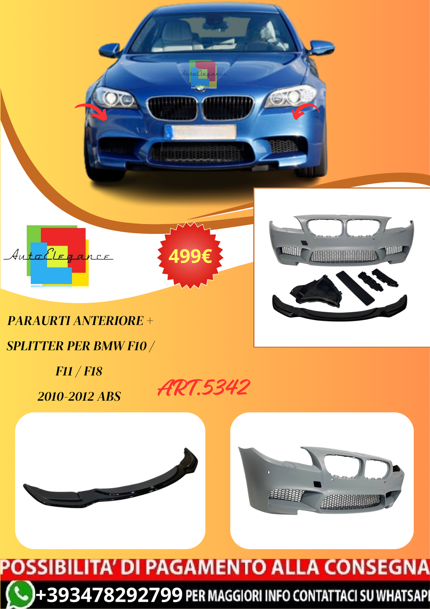 💫ART.5342 Paraurti Anteriore + Splitter per BMW F10 / F11 / F18 2010-2012 ABS💫