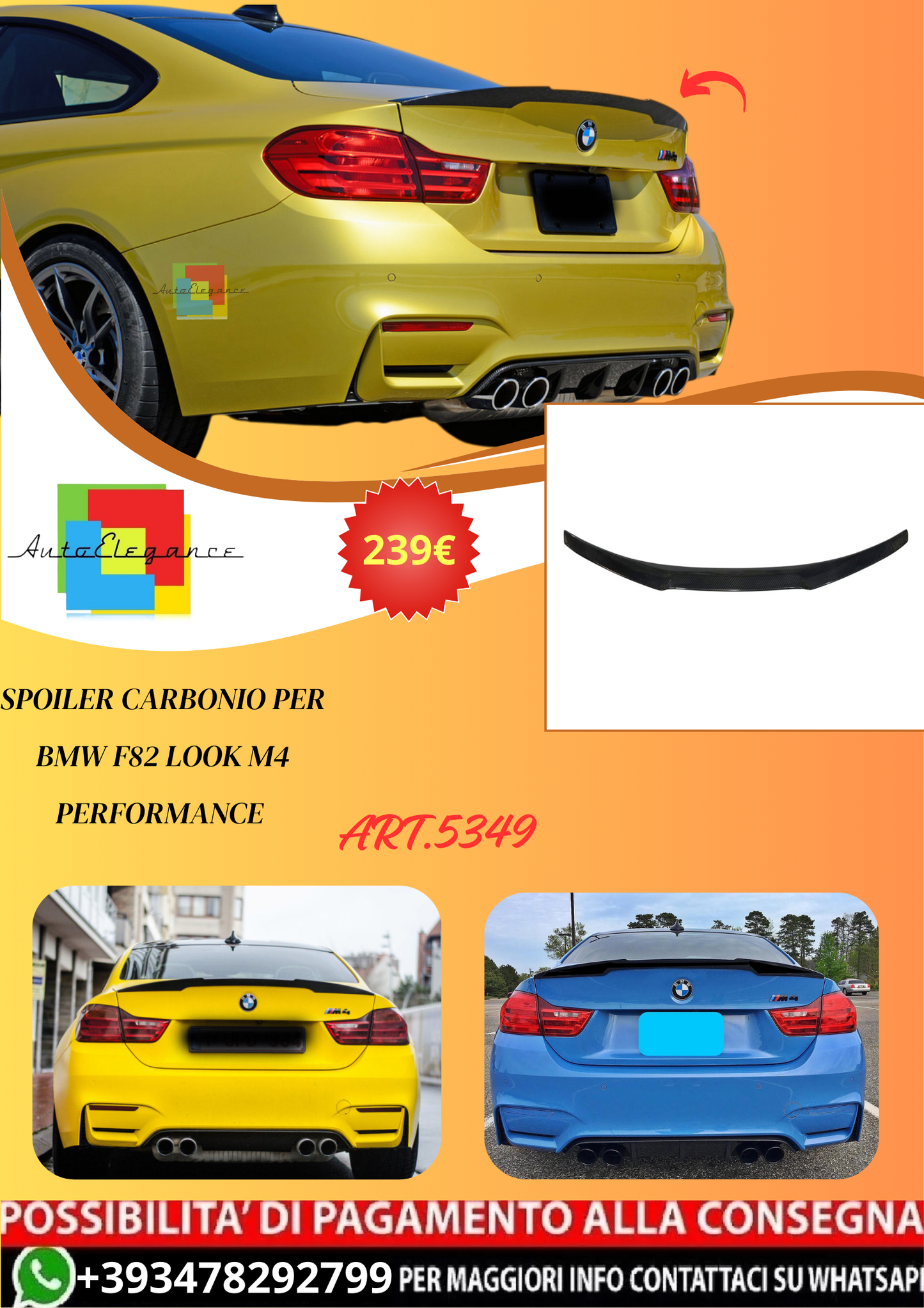 💫ART.5349 Spoiler Carbonio per BMW F82 Look M4 Performance 💫