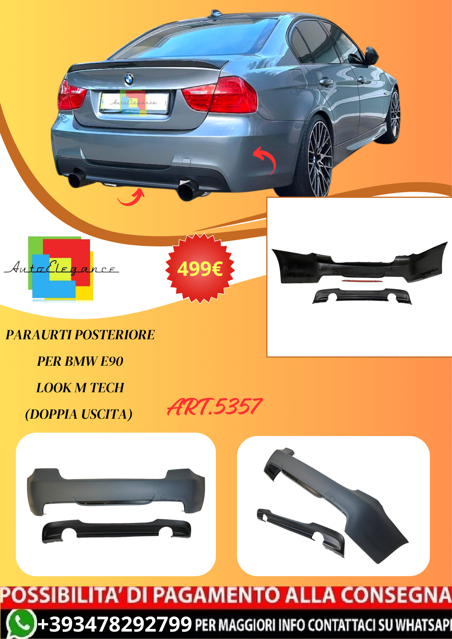 💫ART.5357 Paraurti Posteriore per BMW E90 Look M Tech (Doppia Uscita) ABS💫