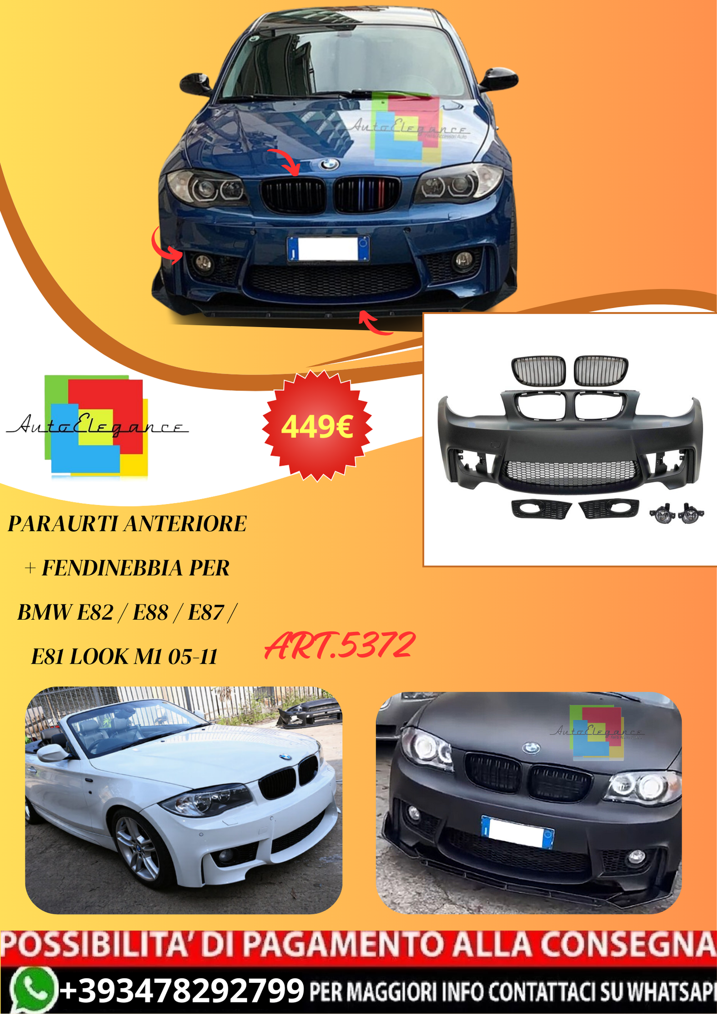 💫ART.5372 Paraurti Anteriori + Fendinebbia BMW E82 / E88 / E87 / E81 Look M1💫