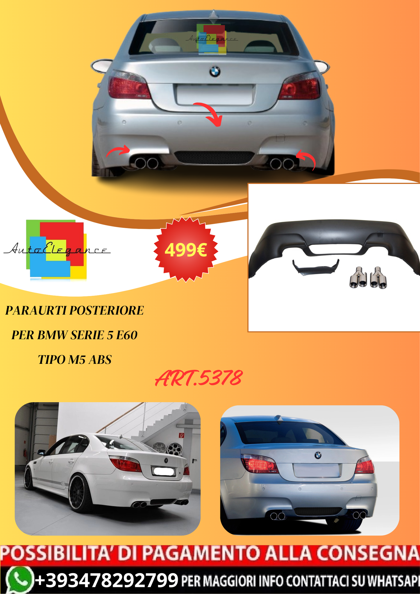 💫ART.5378 Paraurti Posteriore per BMW Serie 5 E60 Tipo M5 ABS💫