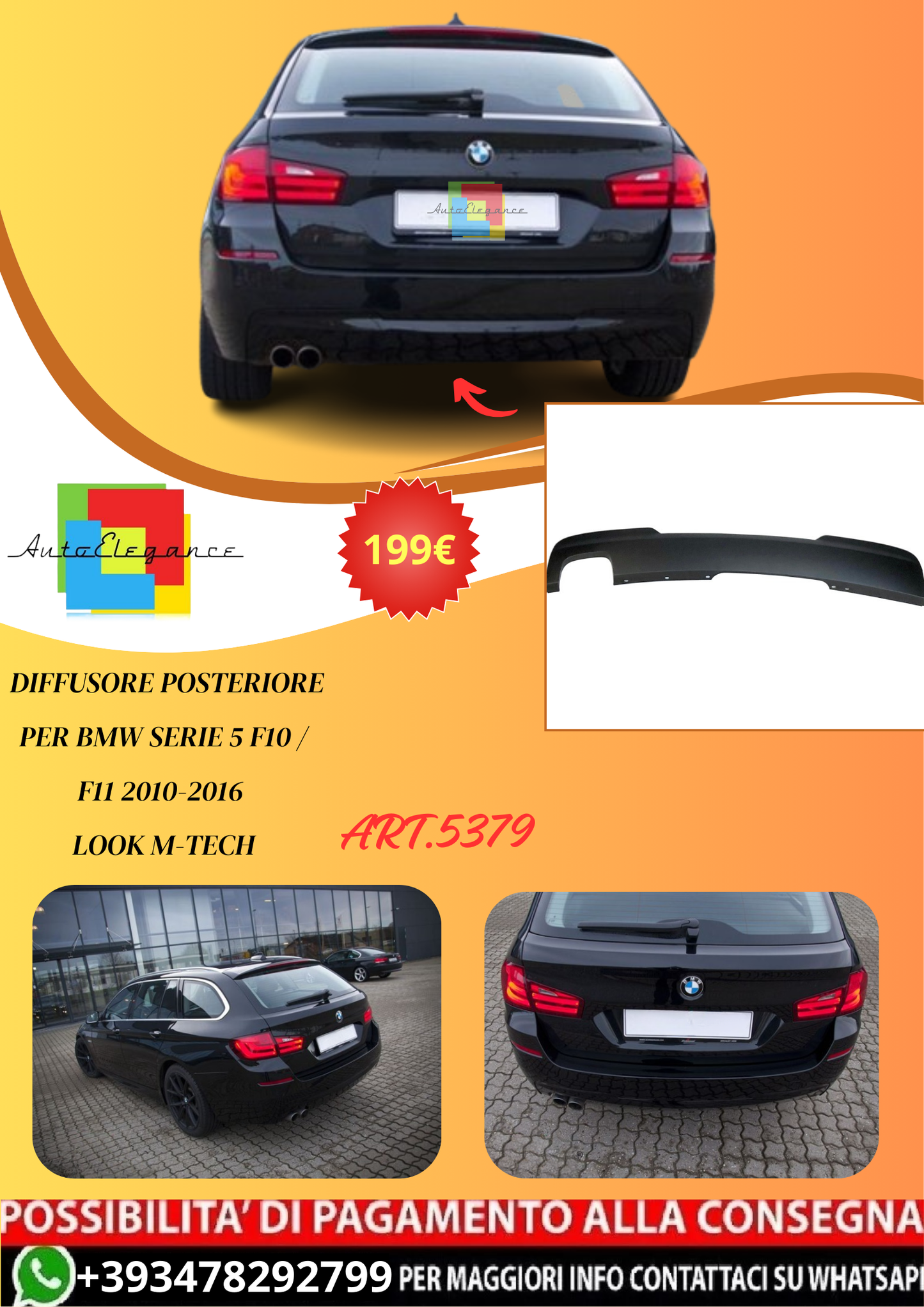 💫ART.5379 Diffusore Posteriore per BMW Serie 5 F10 / F11 10-16 1 Look M-Tech💫