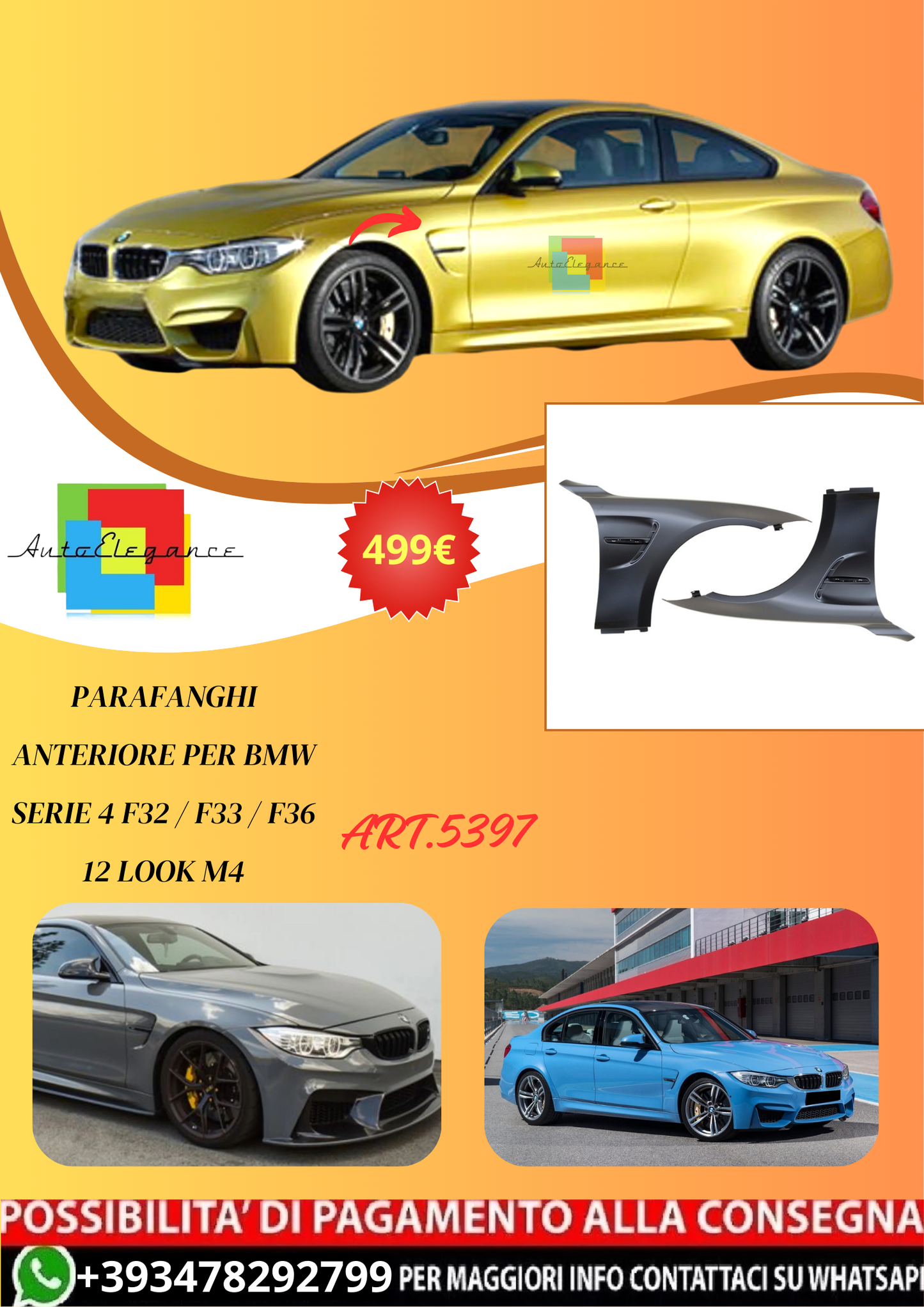 💫ART.5397 Parafanghi Anteriore per BMW Serie 4 F32 / F33 / F36 12 Look M4💫