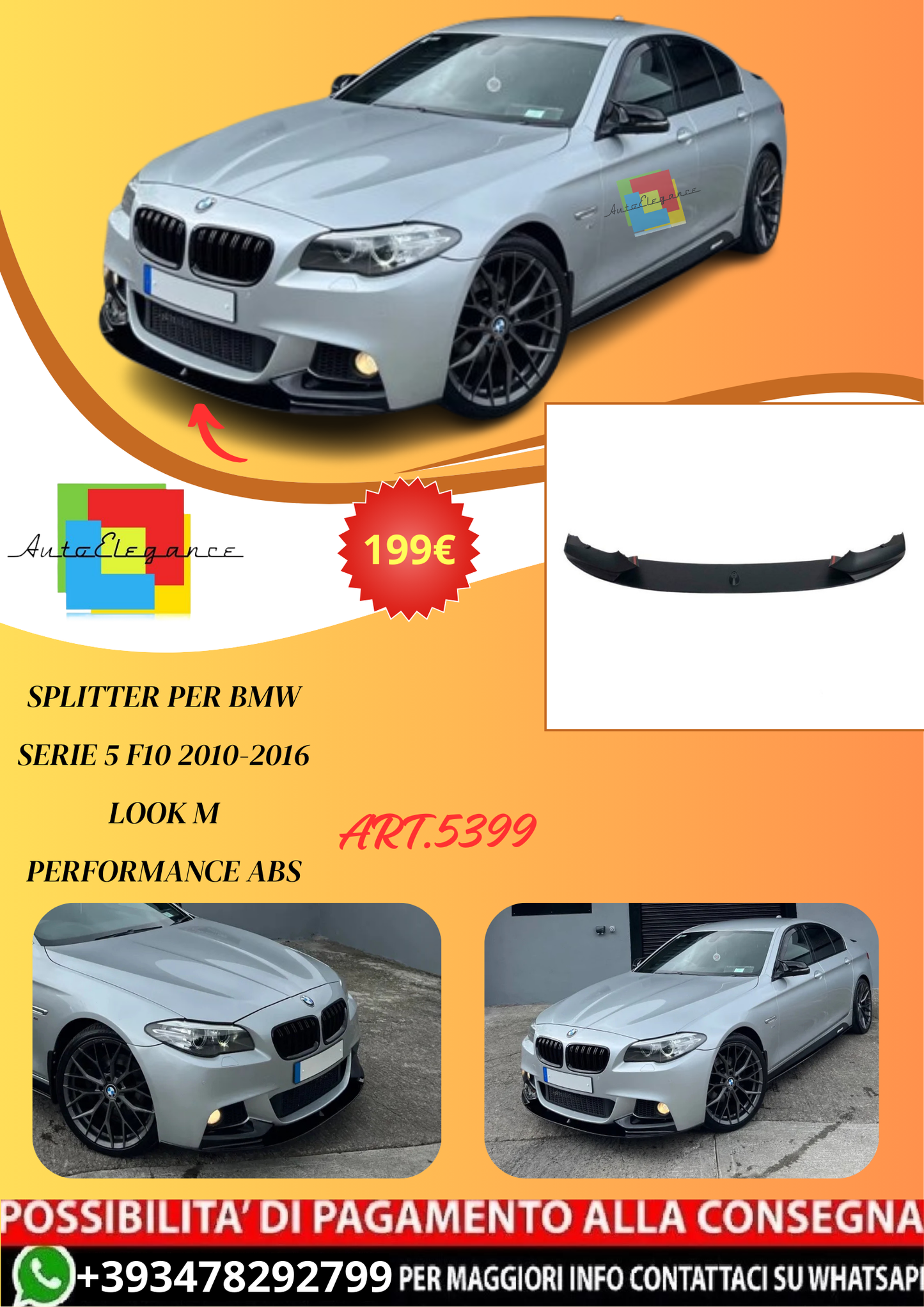 💫ART.5399 Splitter per BMW Serie 5 F10 2010-2016 Look M Performance ABS💫