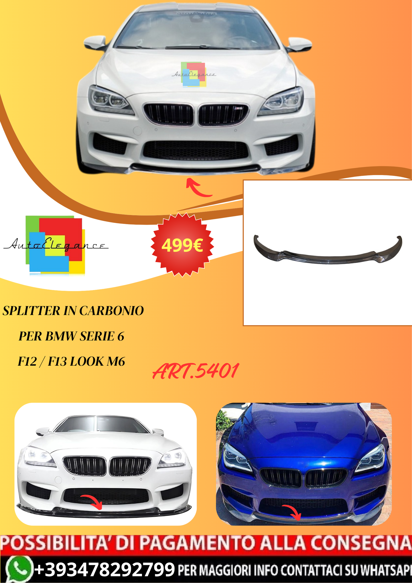 💫ART.5401 Splitter in Carbonio per BMW Serie 6 F12 / F13 look M6💫
