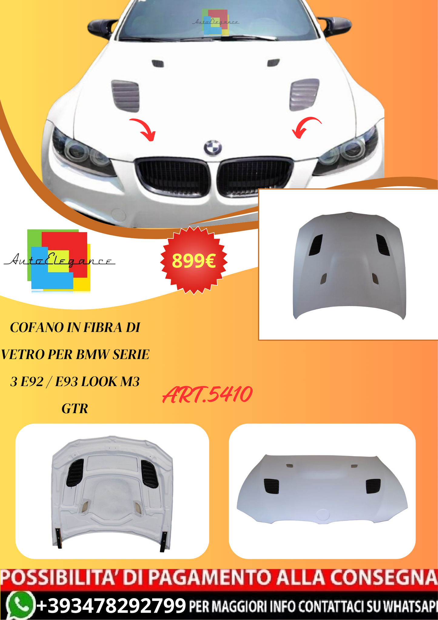 💫ART.5410 Cofano in Fibra di Vetro per BMW Serie 3 E92 / E93 Look M3 GTR💫