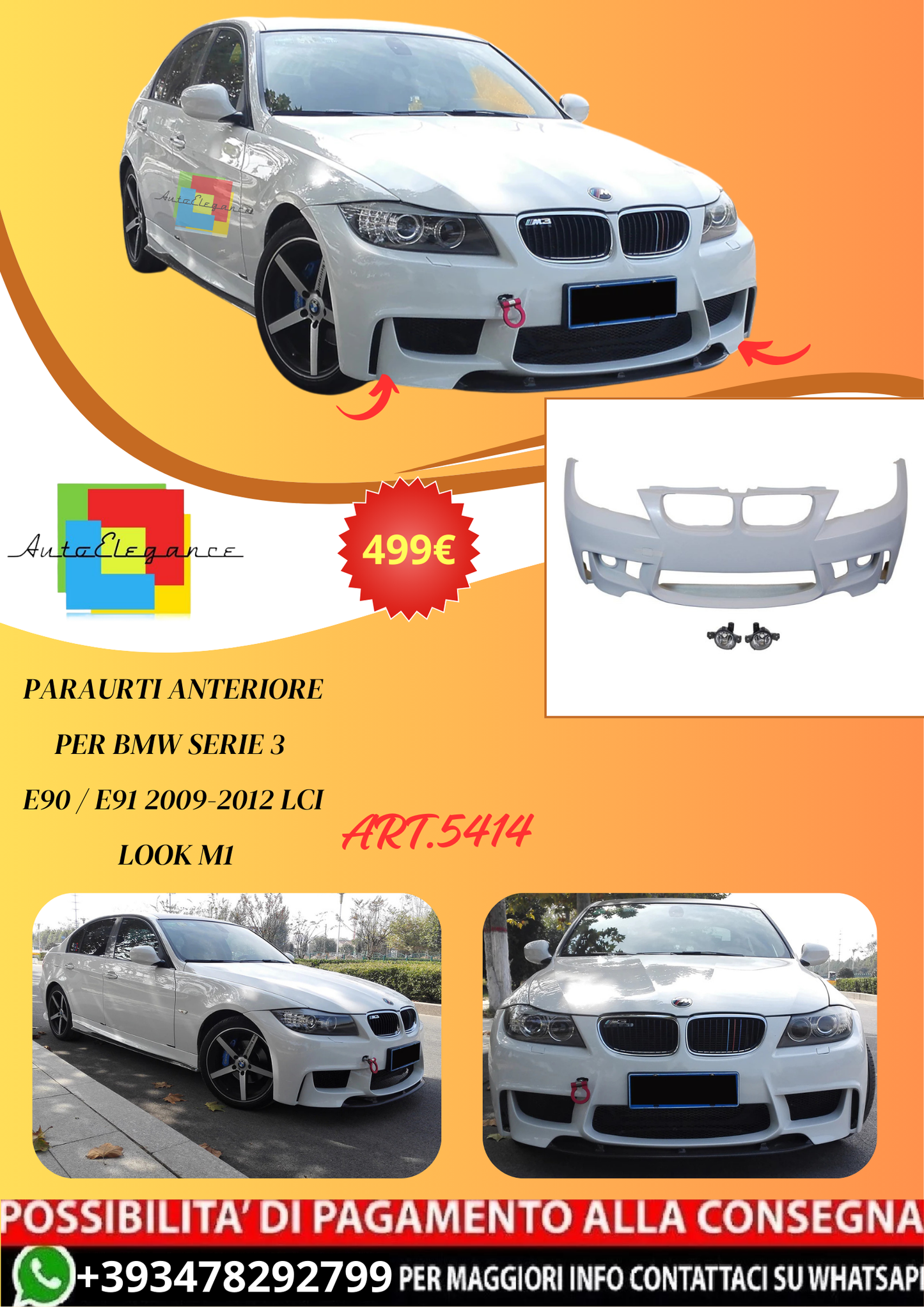 💫ART.5414 Paraurti Anteriore per BMW Serie 3 E90 / E91 2009-2012 LCI Look M1💫