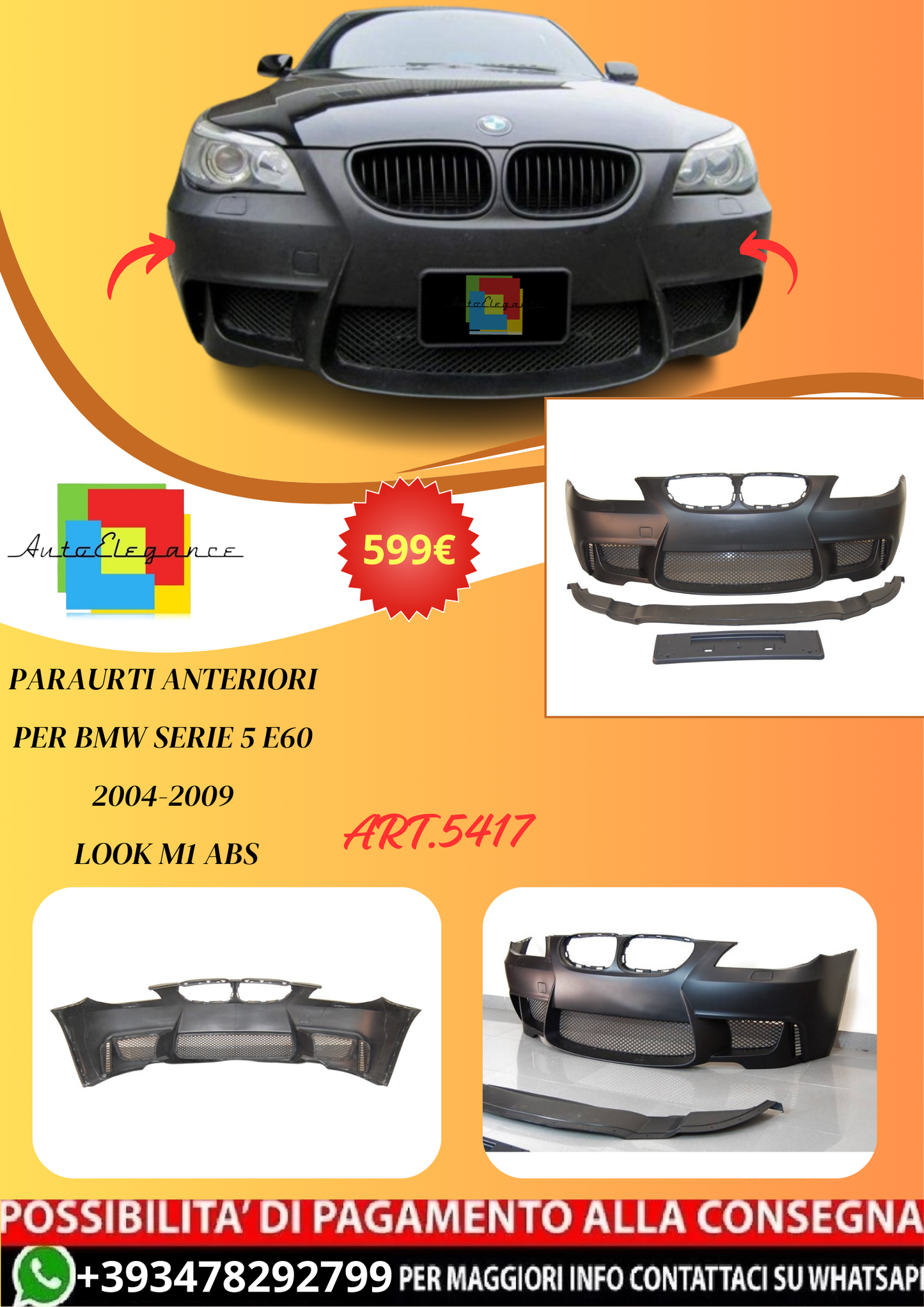💫ART.5417 Paraurti Anteriori per BMW Serie 5 E60 2004-2009 Look M1 ABS💫