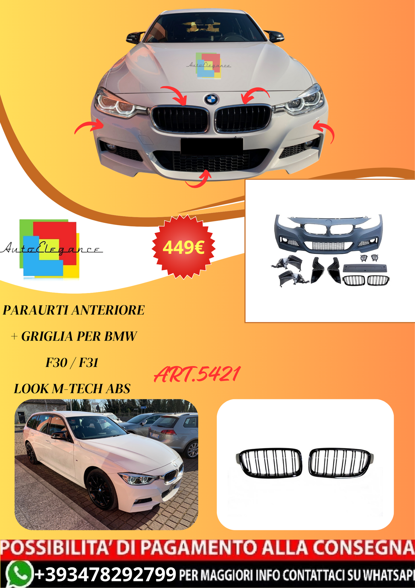 💫ART.5421 Paraurti Anteriore + Griglia per BMW Serie 3 F30 / F31 Look M-tech💫