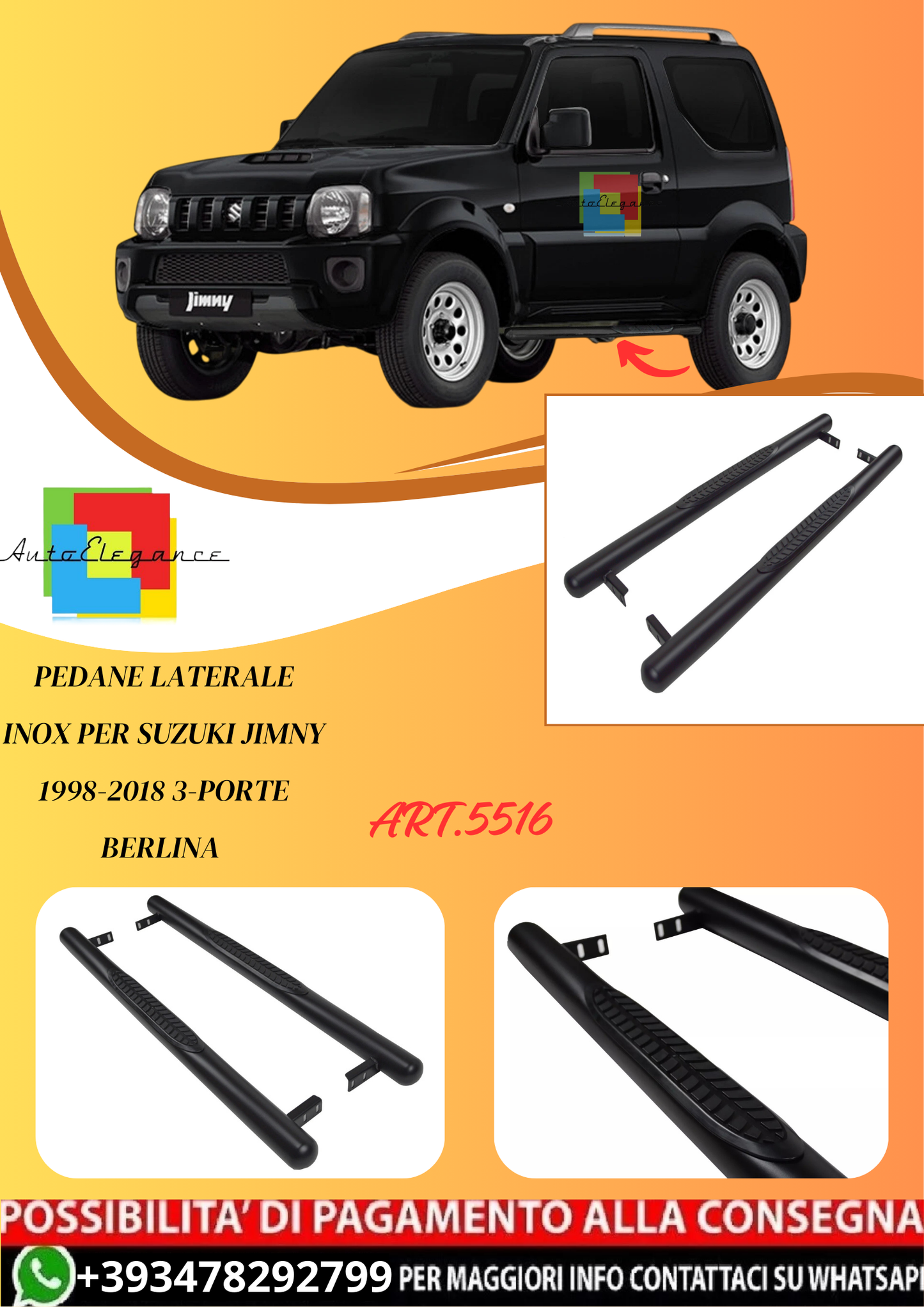 💫ART.5516 Pedane Laterale Inox per Suzuki Jimny 1998-2018 3-Porte Berlina💫