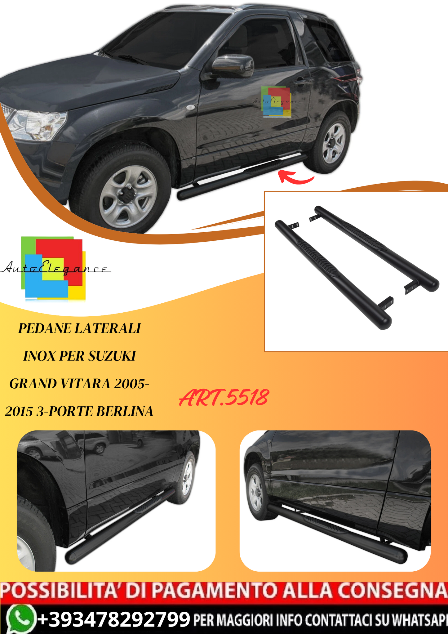 💫ART.5518 Pedane Laterali Inox per Suzuki Grand Vitara 2005-2015 3-Porte💫