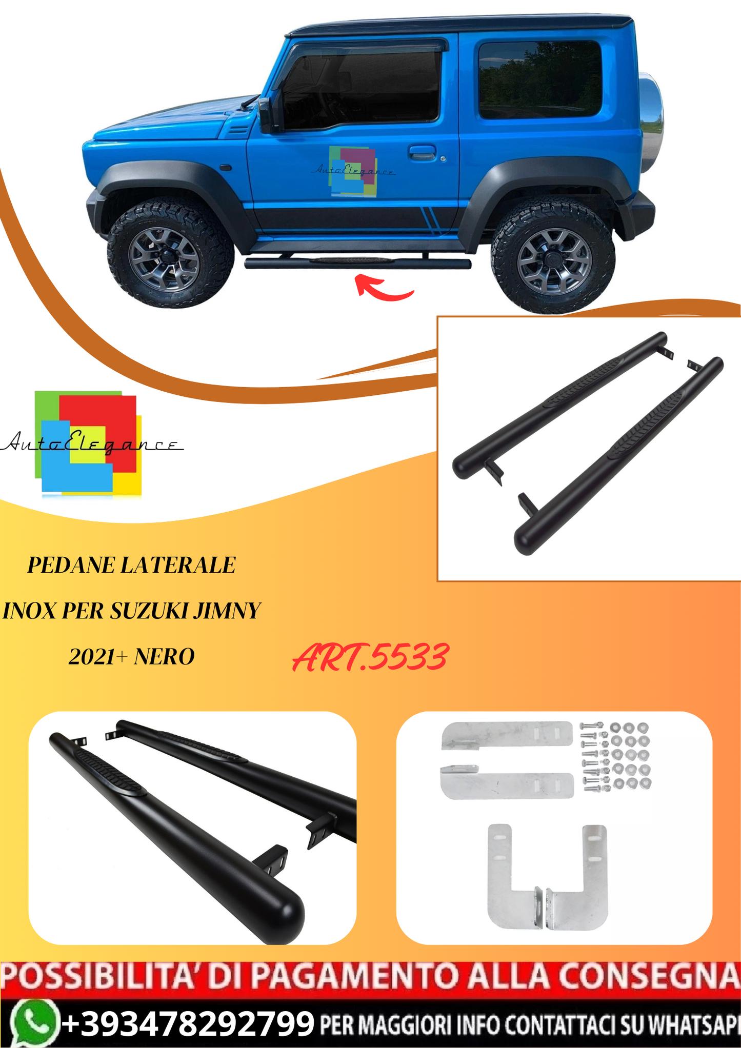 💫ART.5533 Pedane Laterale Inox per Suzuki Jimny 2021+ Nero💫