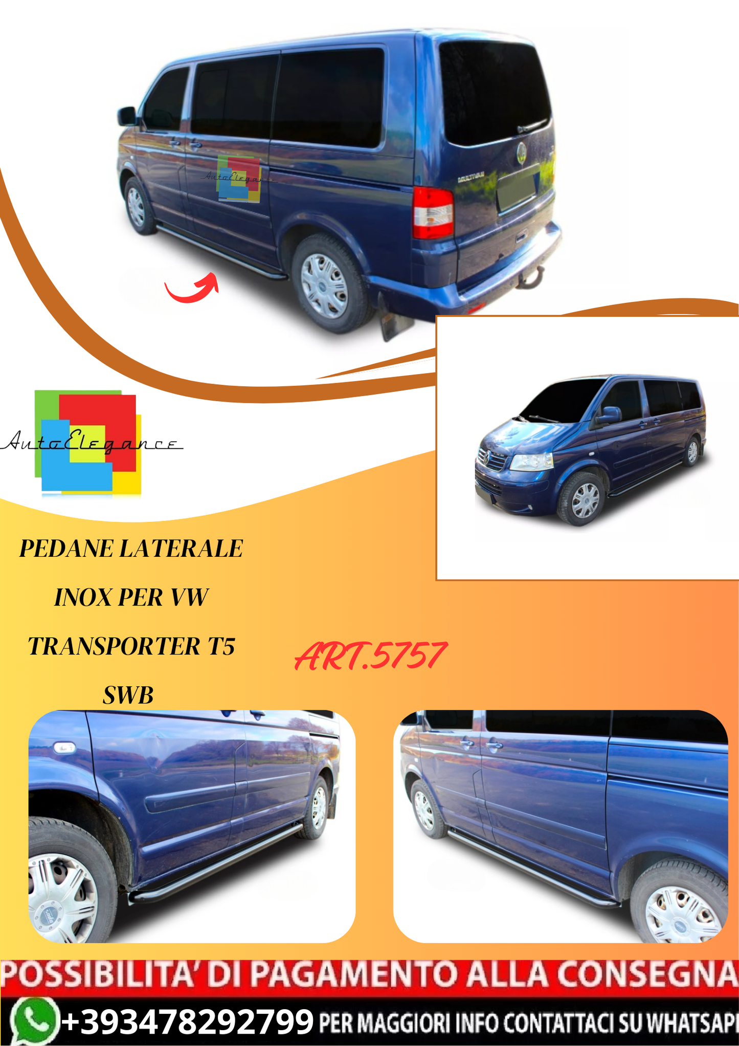 💫ART.5757 Pedane Laterale Inox per VW Transporter T5 SWB💫