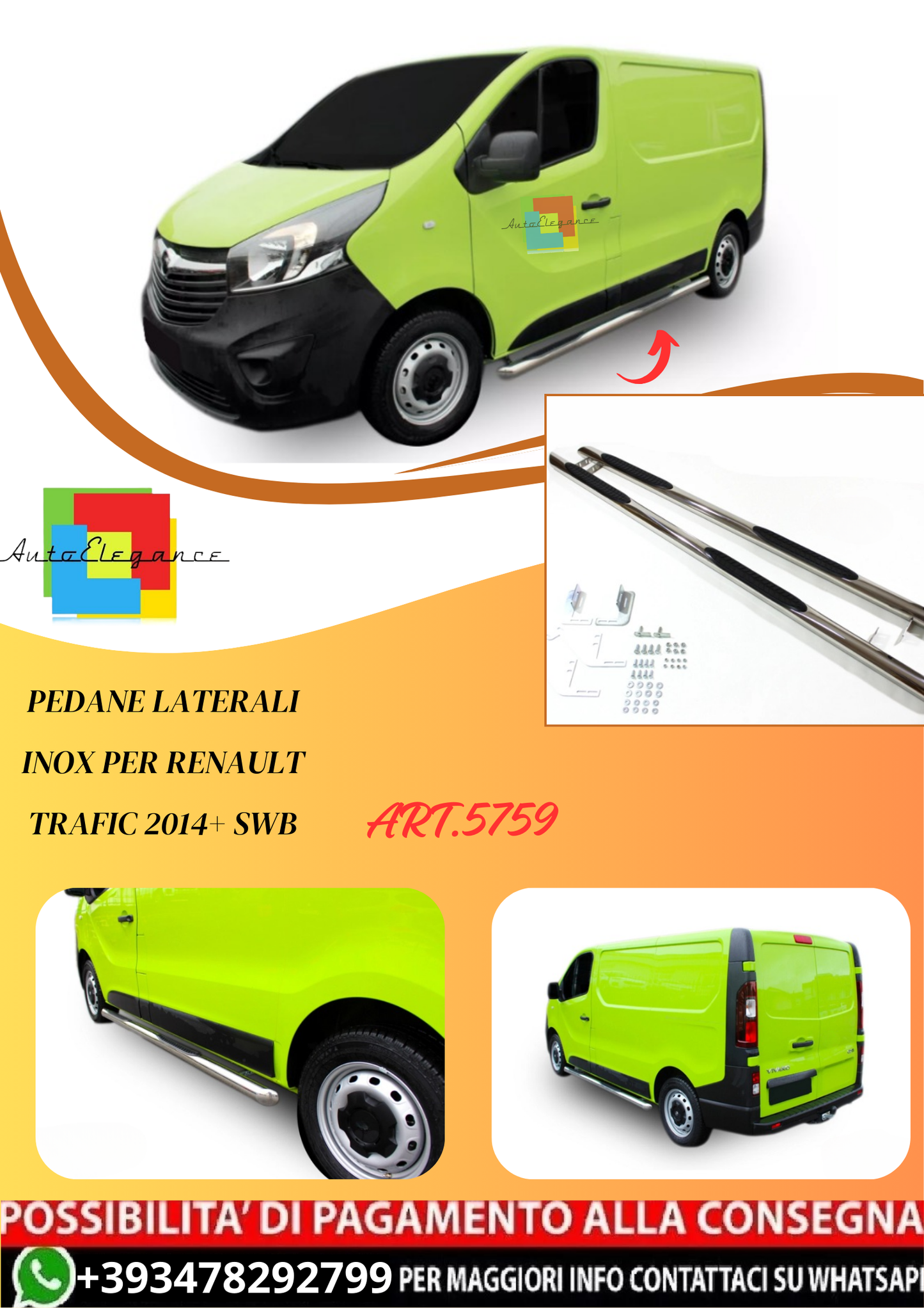 💫ART.5759 Pedane Laterali Inox per Renault Trafic 2014+ SWB💫