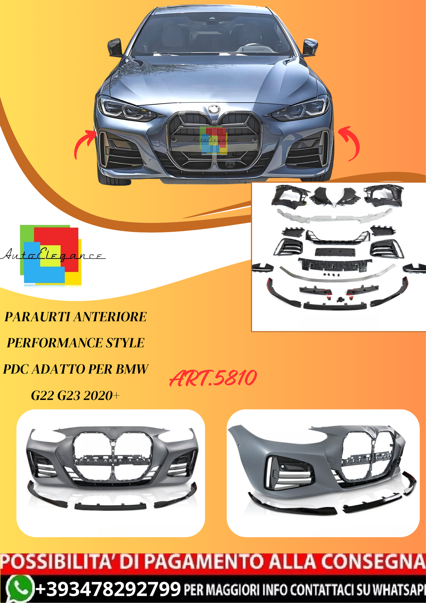 💫ART.5810 PARAURTI ANTERIORE PERFORMANCE STYLE PDC per BMW G22 G23 2020+ 💫