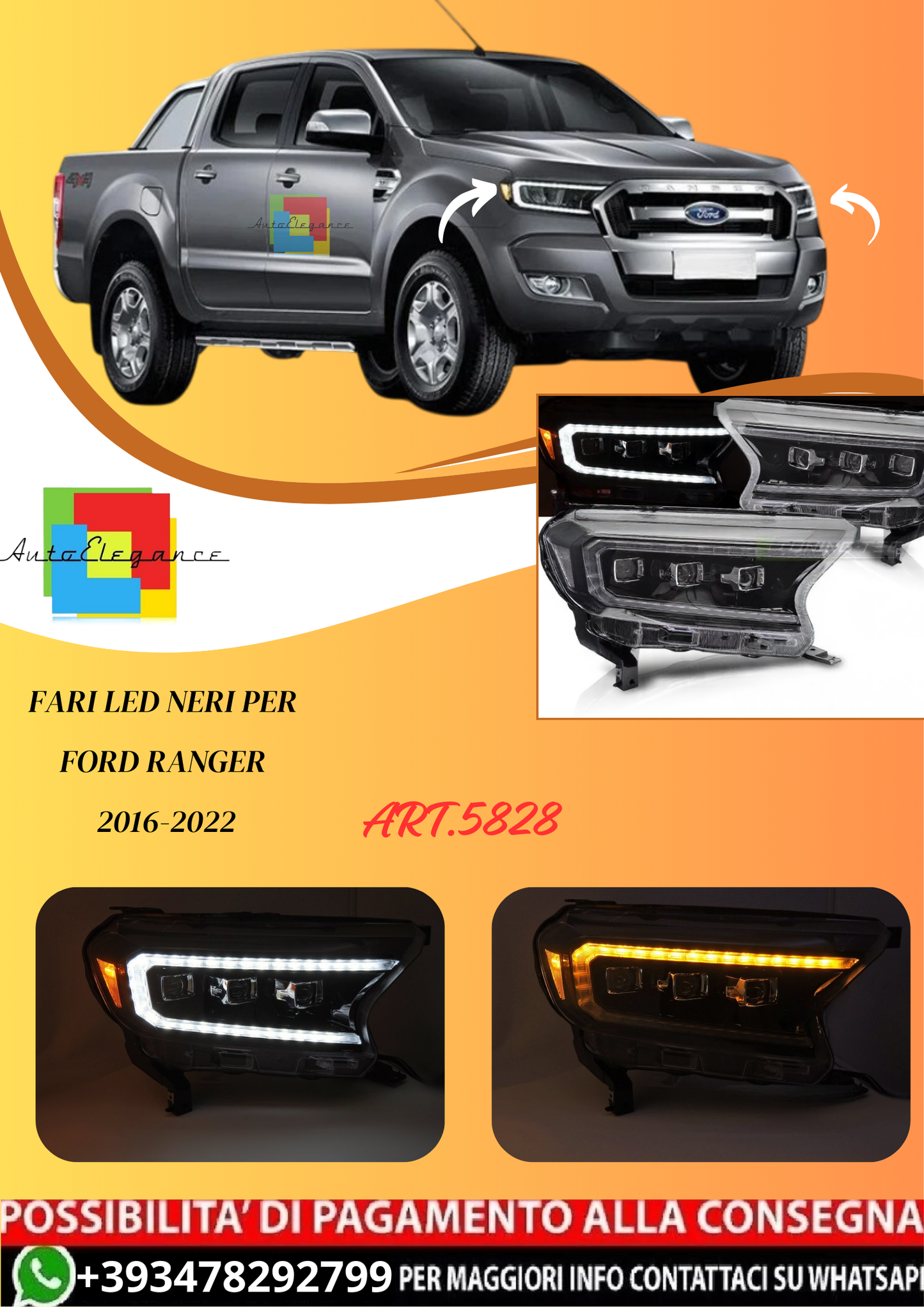 💫ART.5828 FARI LED NERI per FORD RANGER 2016-2022💫