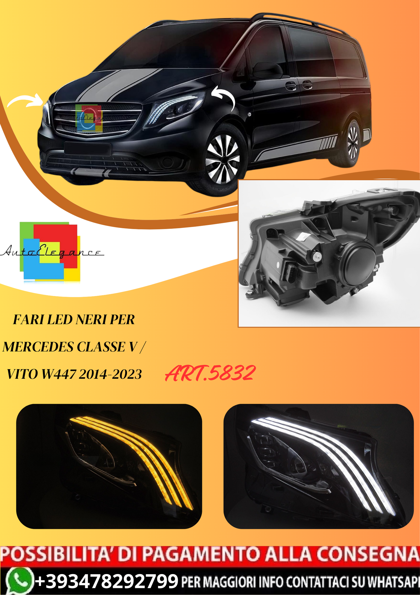 💫ART.5832 FARI LED NERI per MERCEDES CLASSE V / VITO W447 2014-2023💫