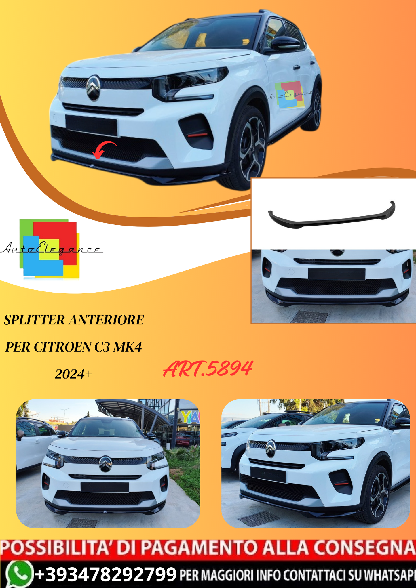 💫ART.5894 Splitter Anteriore per Citroen C3 Mk4 2024+💫