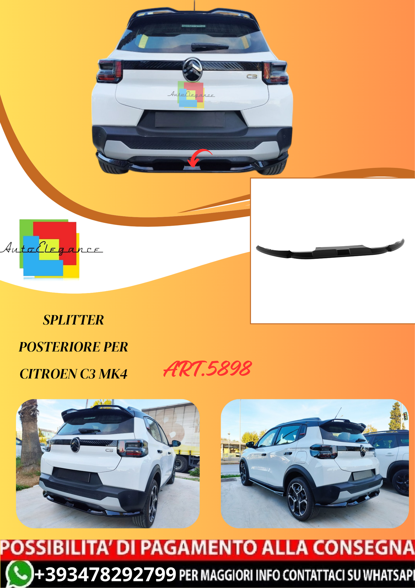 💫ART.5898 Splitter Posteriore per Citroen C3 Mk4💫
