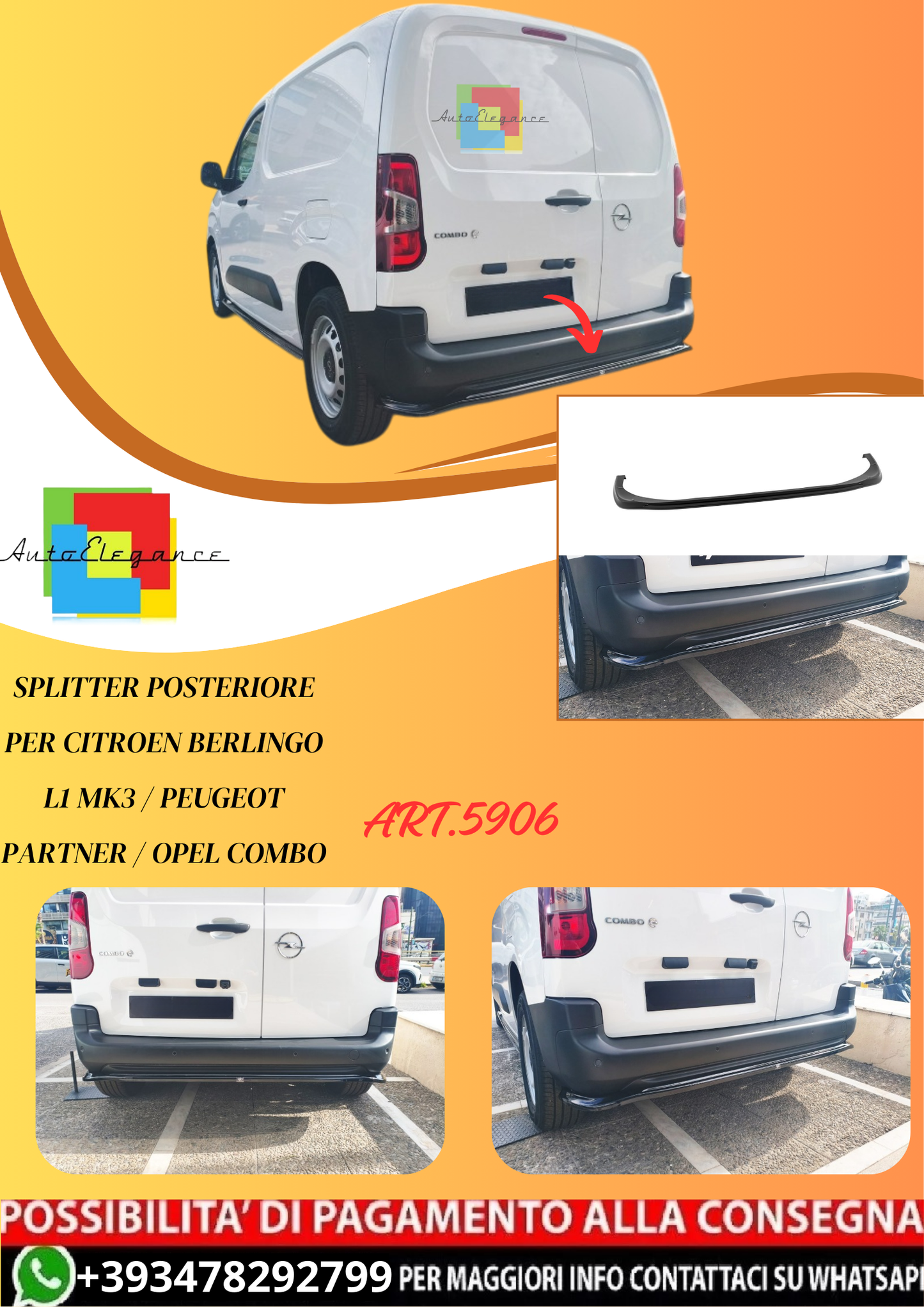 💫ART.5906 Splitter Posteriore per Citroen Berlingo L1 Mk3💫