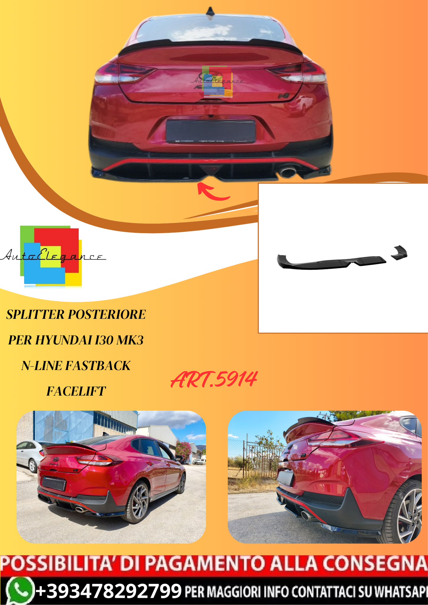 💫ART.5914 Splitter Posteriore per Hyundai i30 Mk3 N-Line Fastback Facelift💫