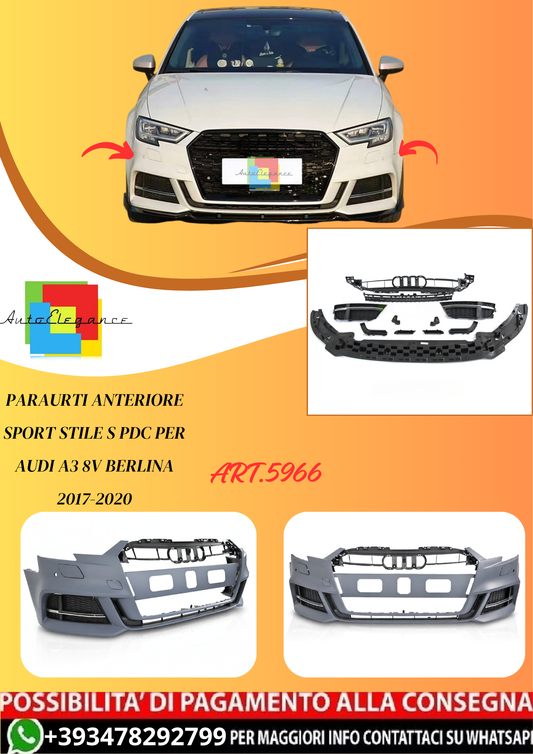 💫ART.5966 PARAURTI ANTERIORE SPORT STILE S per AUDI A3 8V BERLINA 2017-2020💫