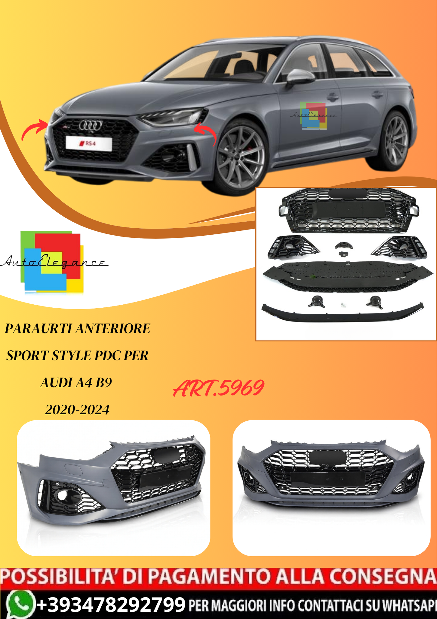 💫ART.5969 PARAURTI ANTERIORE SPORT STYLE PDC per AUDI A4 B9 2020-2024💫