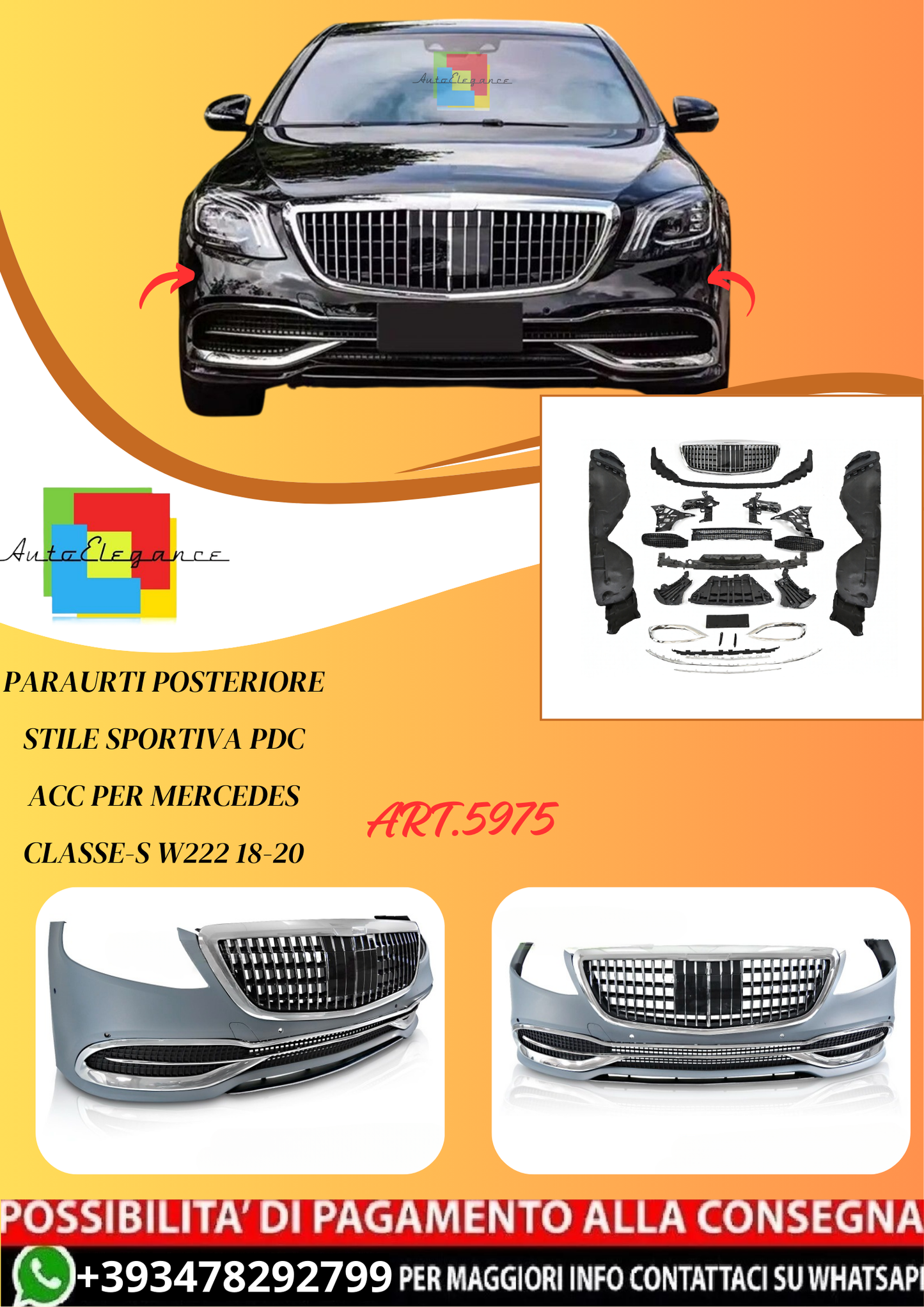 💫ART.5975 PARAURTI ANTERIORE STILE SPORTIVA per MERCEDES CLASSE-S W222 18-20💫