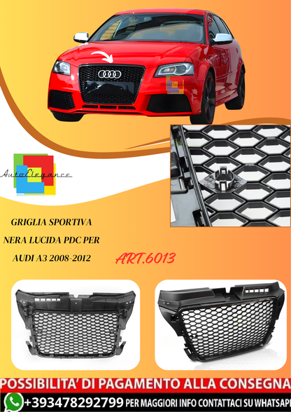 💫ART.6013 GRIGLIA SPORTIVA NERA LUCIDA PDC per AUDI A3 2008-2012💫