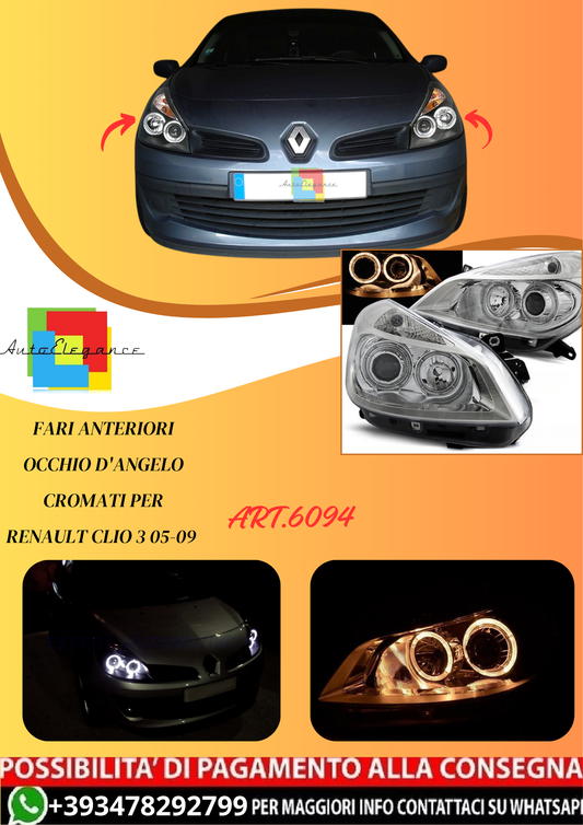 💫ART.6094 FARI ANTERIORI OCCHIO D'ANGELO CROMATI per RENAULT CLIO 3 05-09 💫