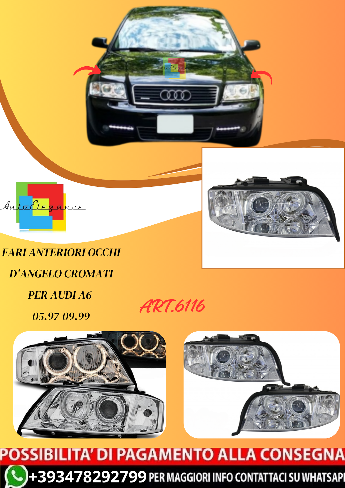 💫ART.6116 FARI ANTERIORI OCCHI D'ANGELO CROMATI per AUDI A6 05.97-09.99💫