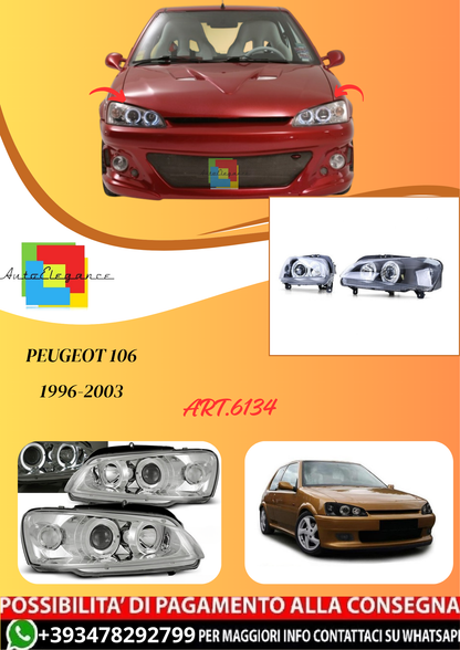 💫ART.6134 FARI ANTERIORI per PEUGEOT 106 08.96-03 OCCHI D'ANGELO CROMATI💫