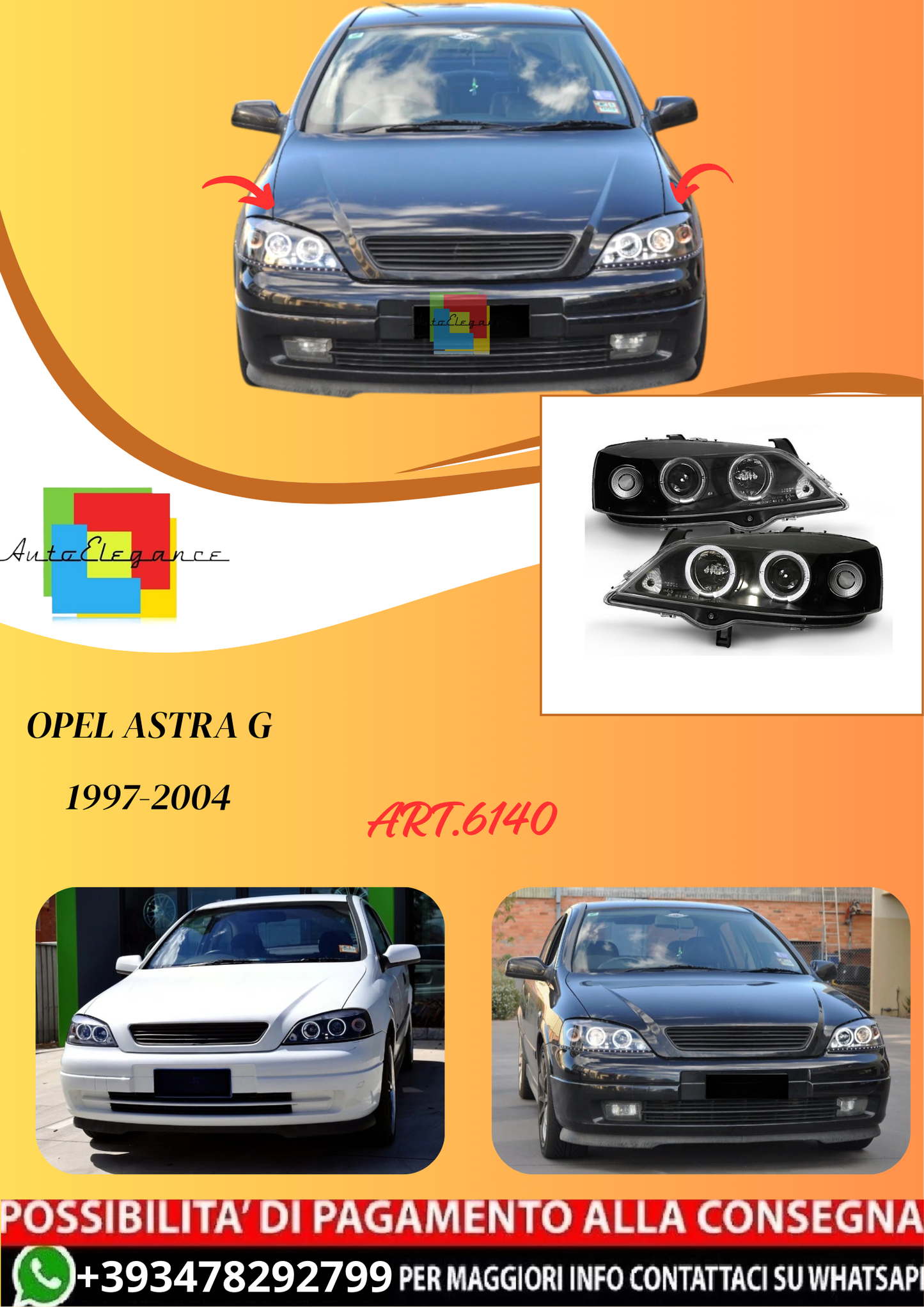 💫ART.6140 FARI ANTERIORI per OPEL ASTRA G 09.97-02.04 OCCHI D'ANGELO NERI💫