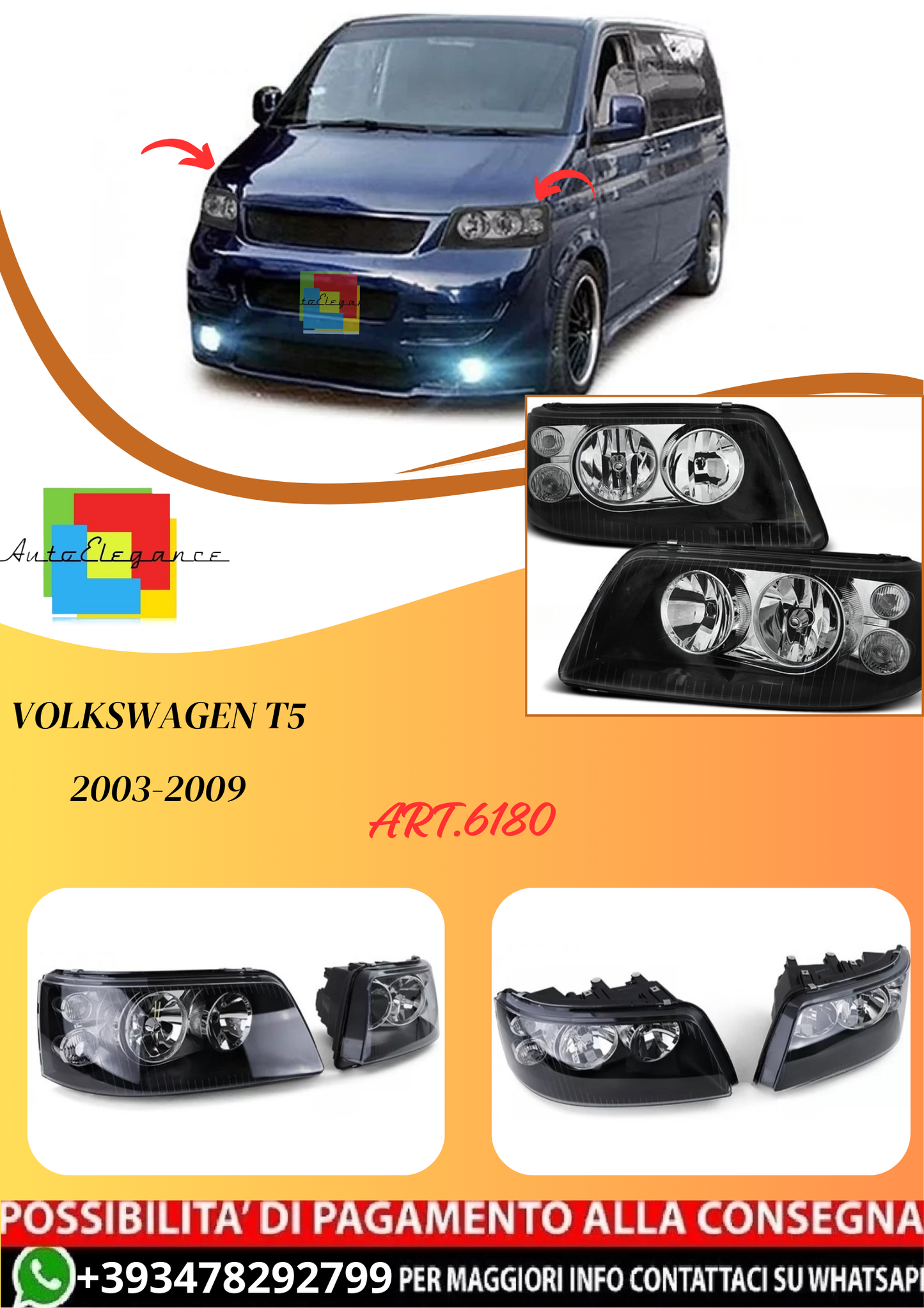 💫ART.6180 FARI ANTERIORI NERI per VW T5 2003-2009💫
