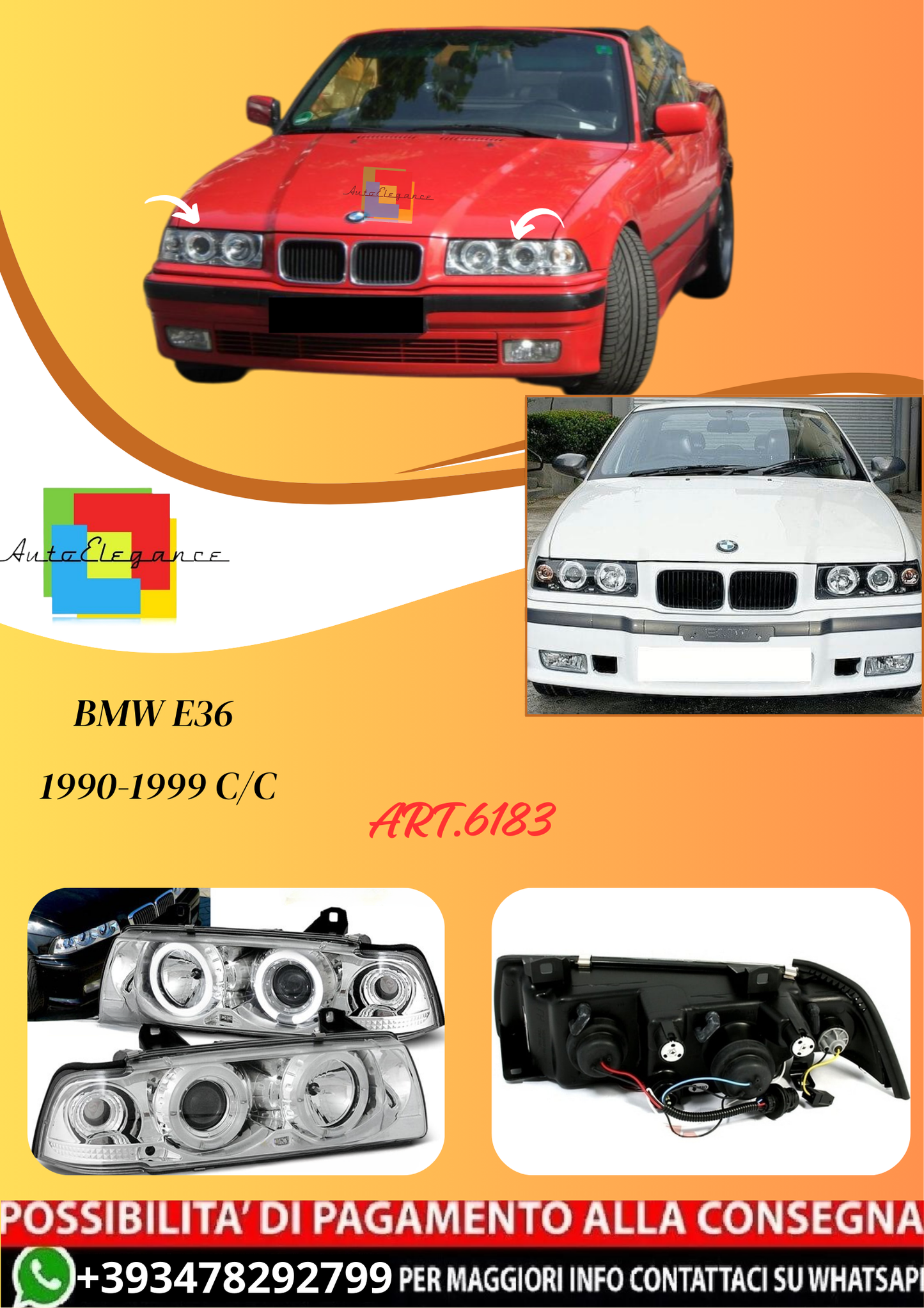 💫ART.6183 LPBM03 FARI OCCHI D'ANGELO CROMATI per BMW E36 1990-1999 C/C💫