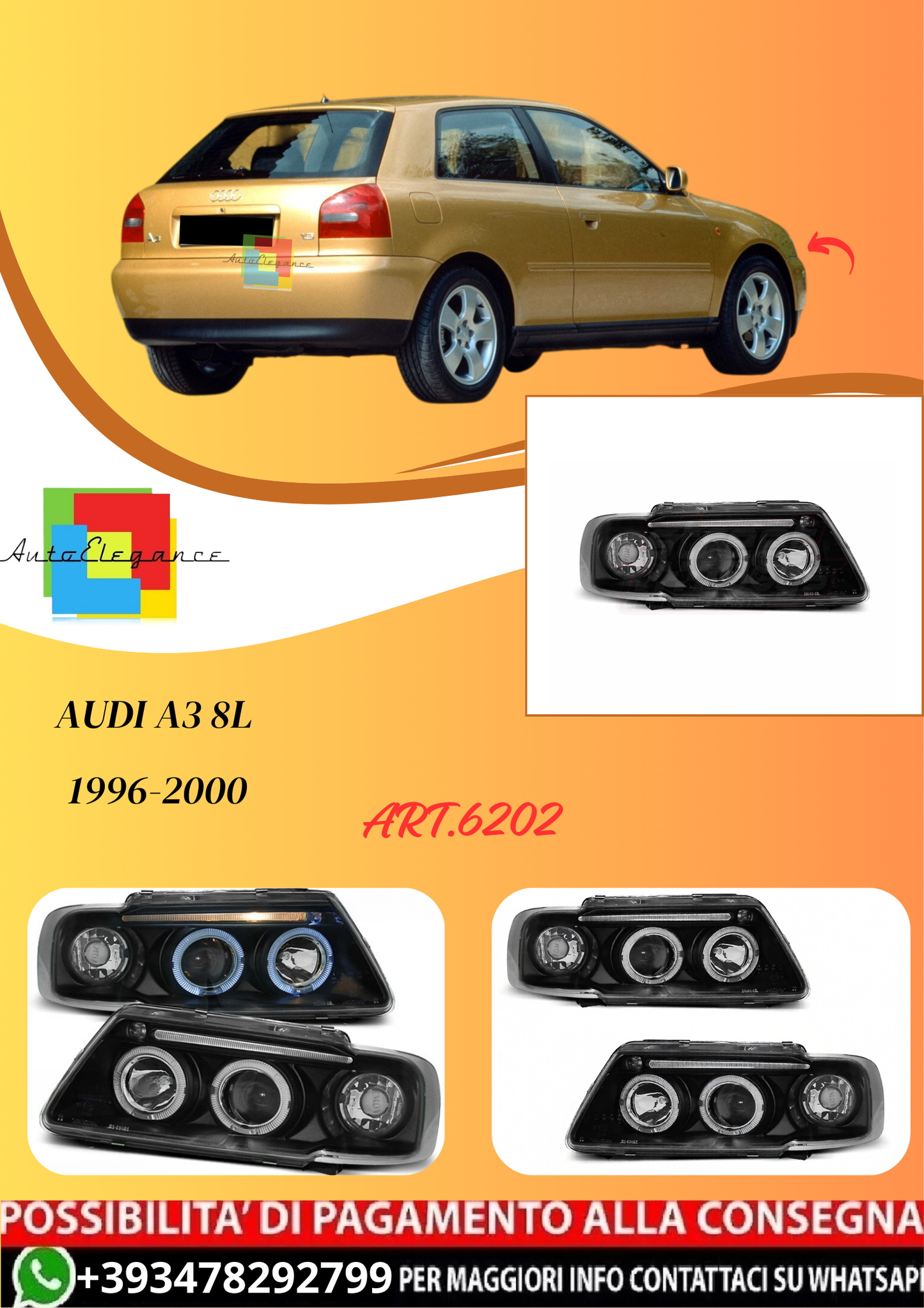 💫ART.6202 FARI OCCHI D'ANGELO NERI per AUDI A3 8L 1996-2000 💫