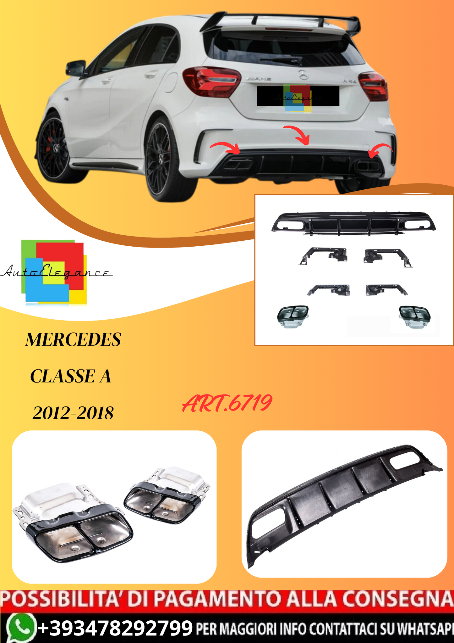 💫ART.6719 Diffusore + Terminali look A45 AMG per Mercedes Classe A 2012-2018💫
