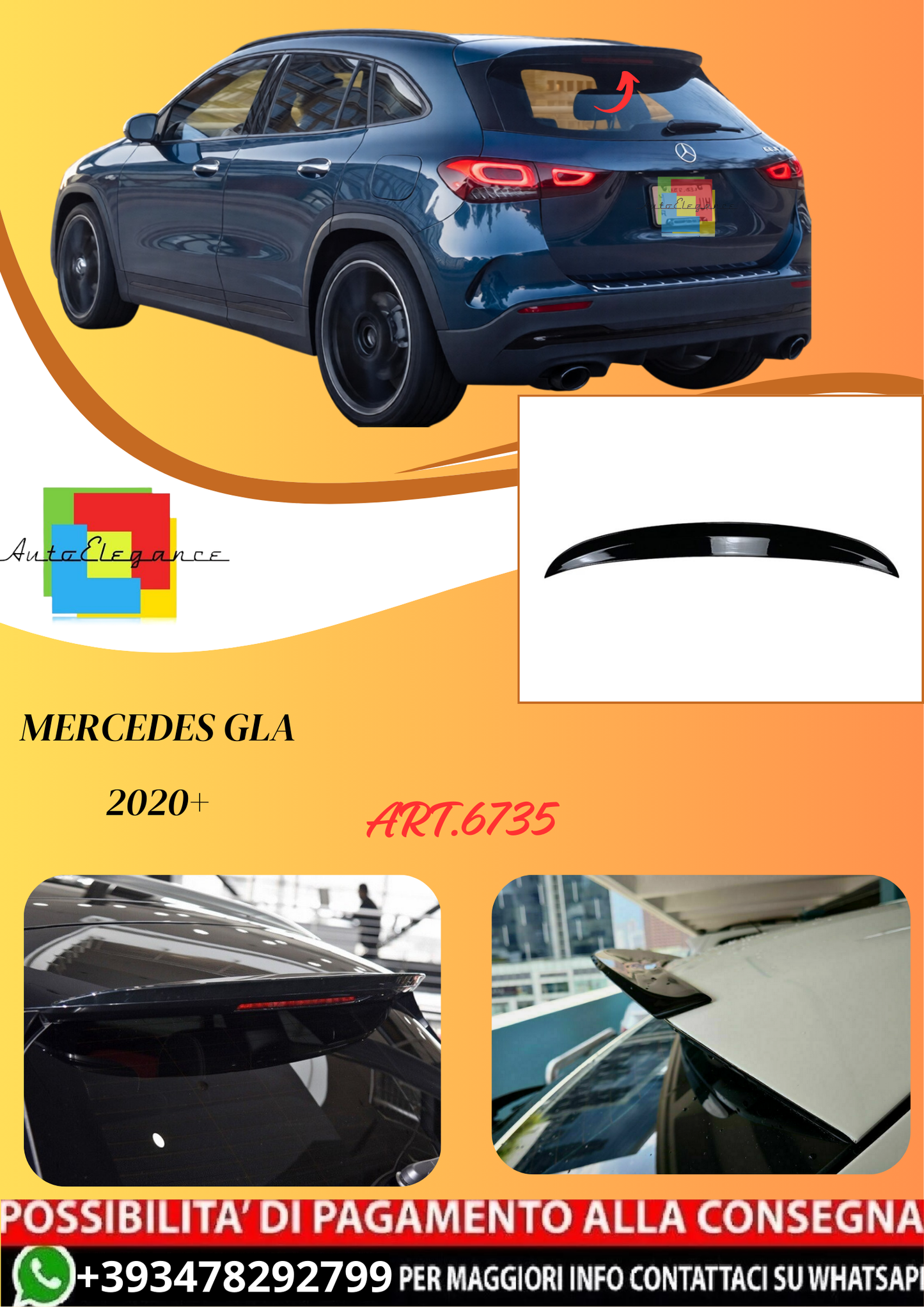 💫ART.6735 Spoiler Tetto Look AMG per Mercedes GLA 2020+ Nero lucido💫