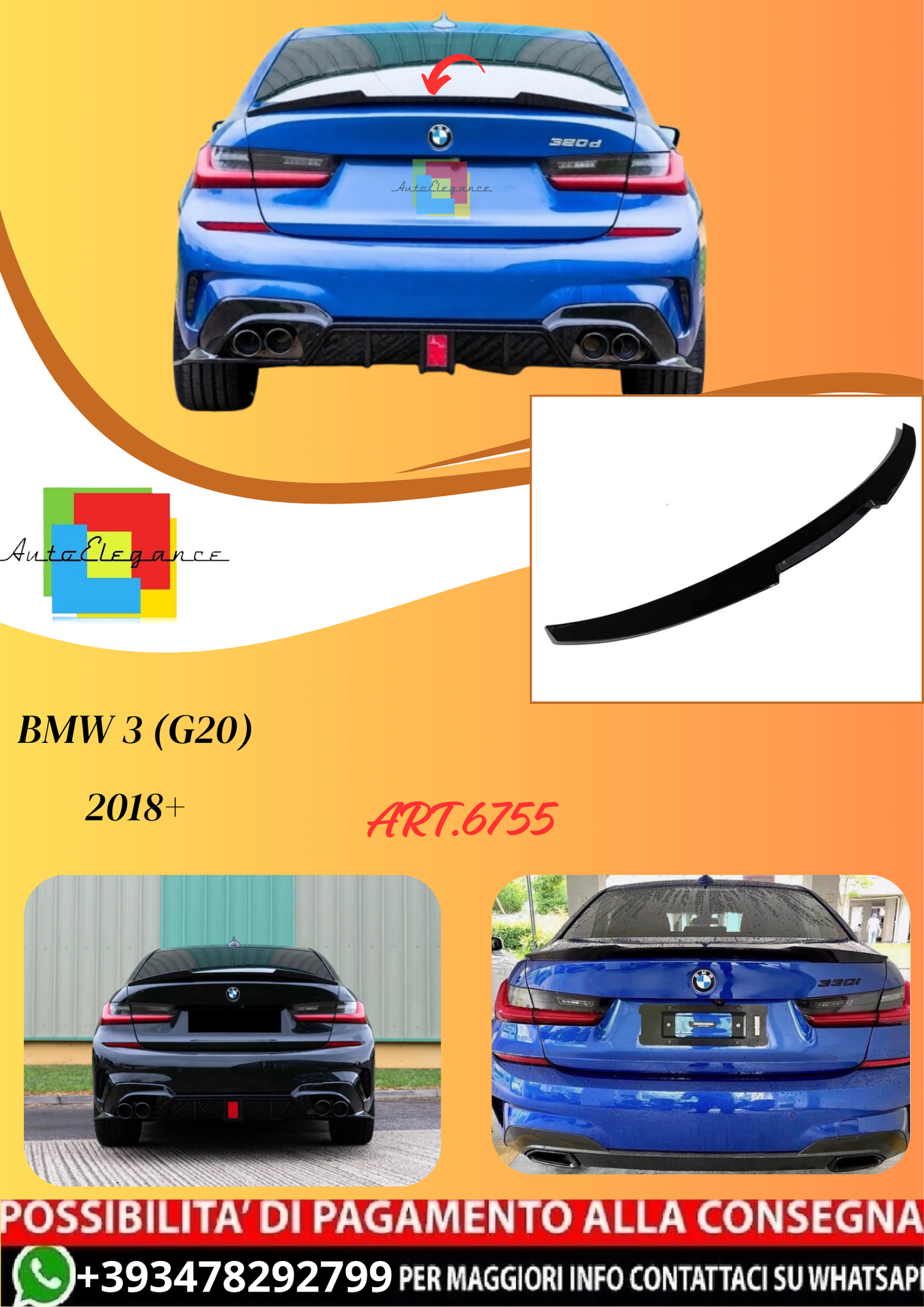 💫ART.6755 Spoiler Posteriore look M per BMW 3 (G20) 2018+ Nero lucido💫