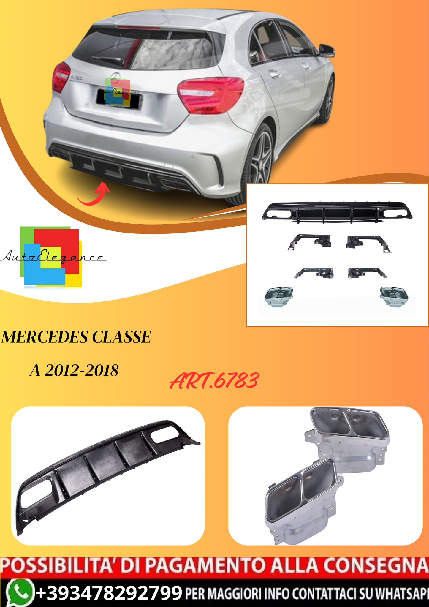 💫ART.6783 Diffusore + Terminali A45 AMG Look per Mercedes Classe A 2012-2018💫