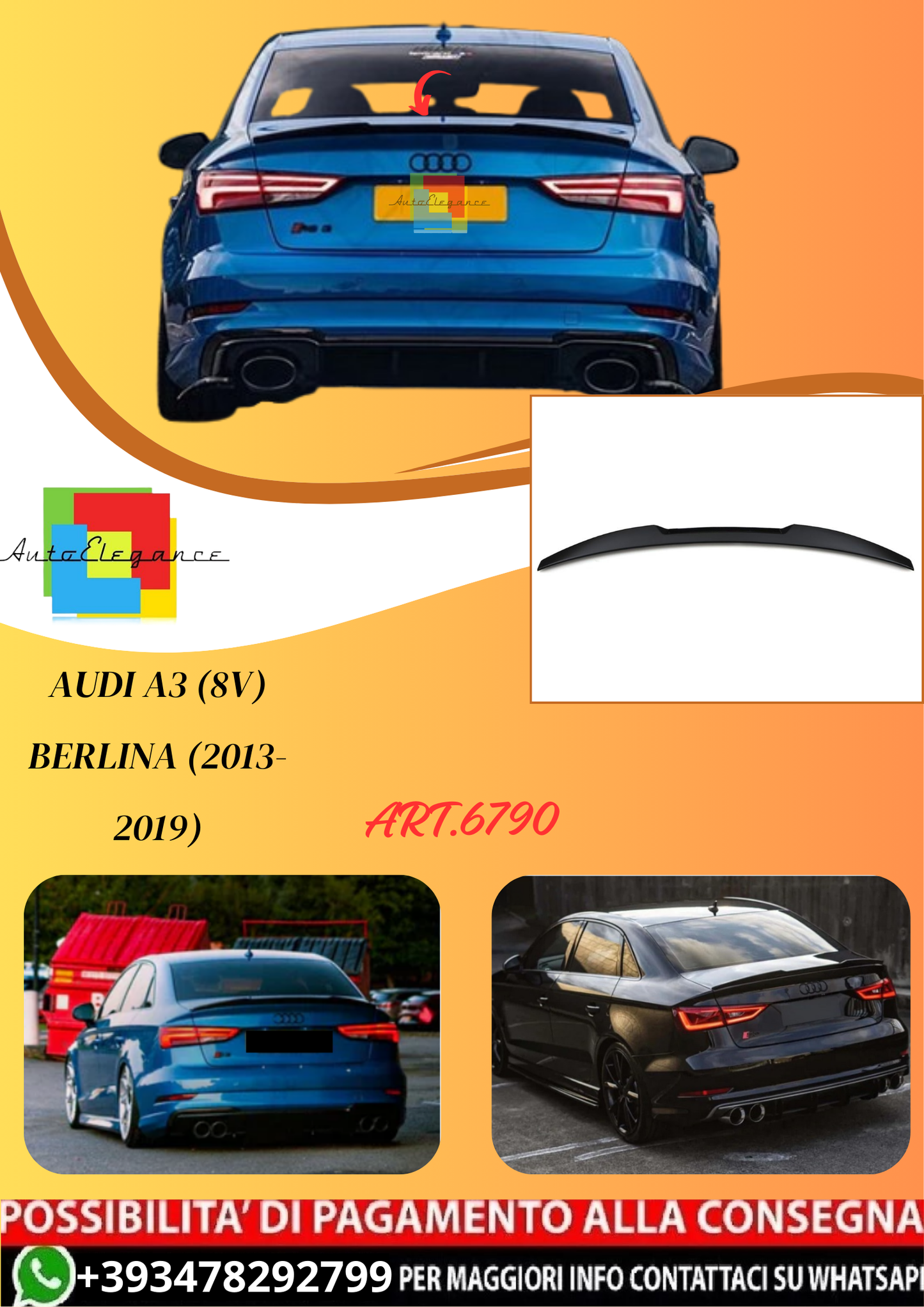 💫ART.6790 Spoiler Posteriore per Audi A3 (8V) Berlina (2013-2019) Stile V 💫